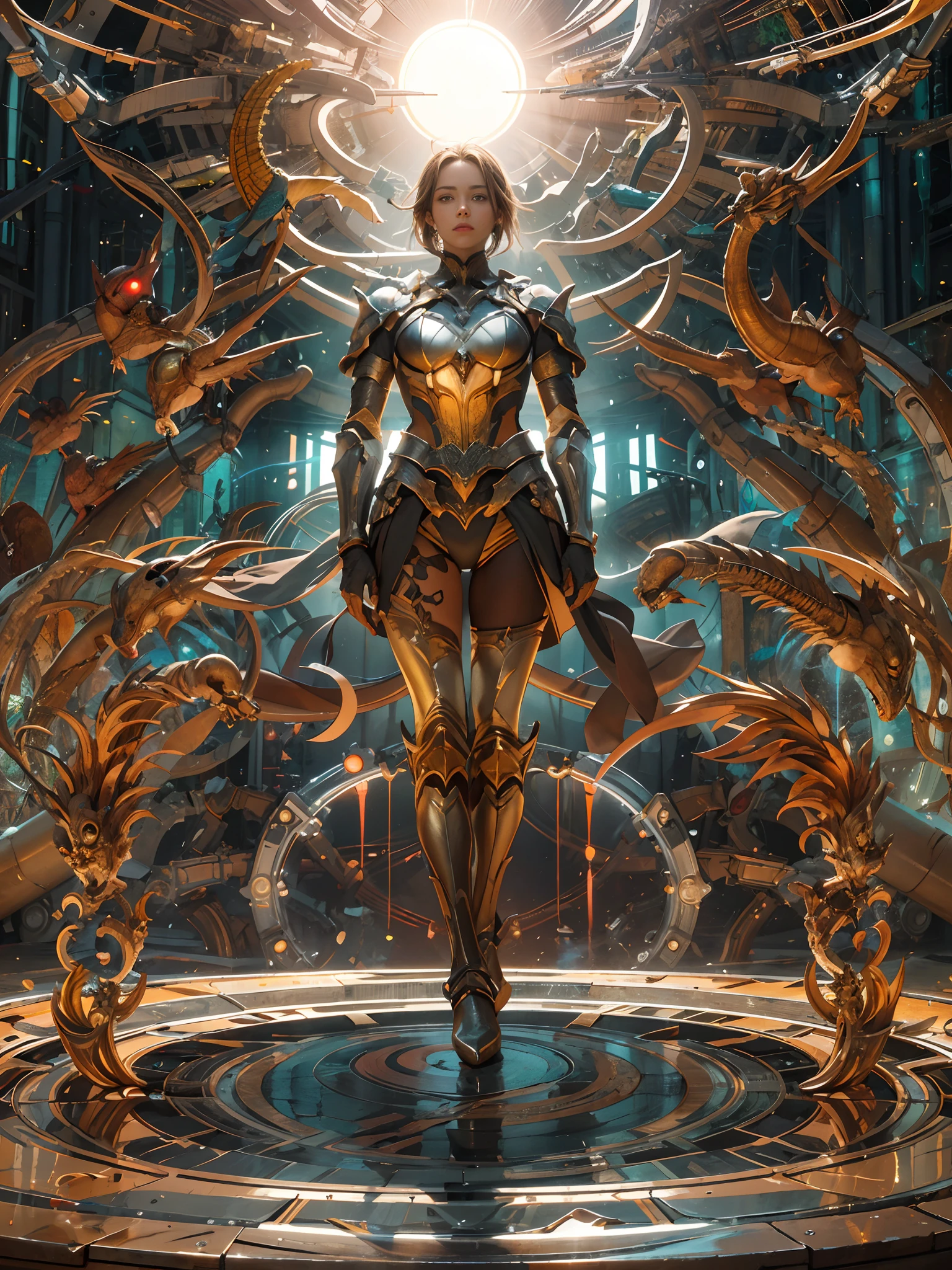 absurdes, high resolucion, The ultra-detailliert, (1Girl:1.3), break , Sun Knight, Solar Magic, Light manipulation, Radiant power, Attack the sun's rays, The aura of heat, Bright armor pedestal , Photo manipulation, Changed Reality, fantastical scenes, digital art, Creative Editing, evocative narratives, Amazing visual relaxation , Kinetic Art, Moving sculptures, Machine Fabrication, Interactive installation, dynamic movement, Engineering ingenuity,  striking visuals, Brunette Boy,
