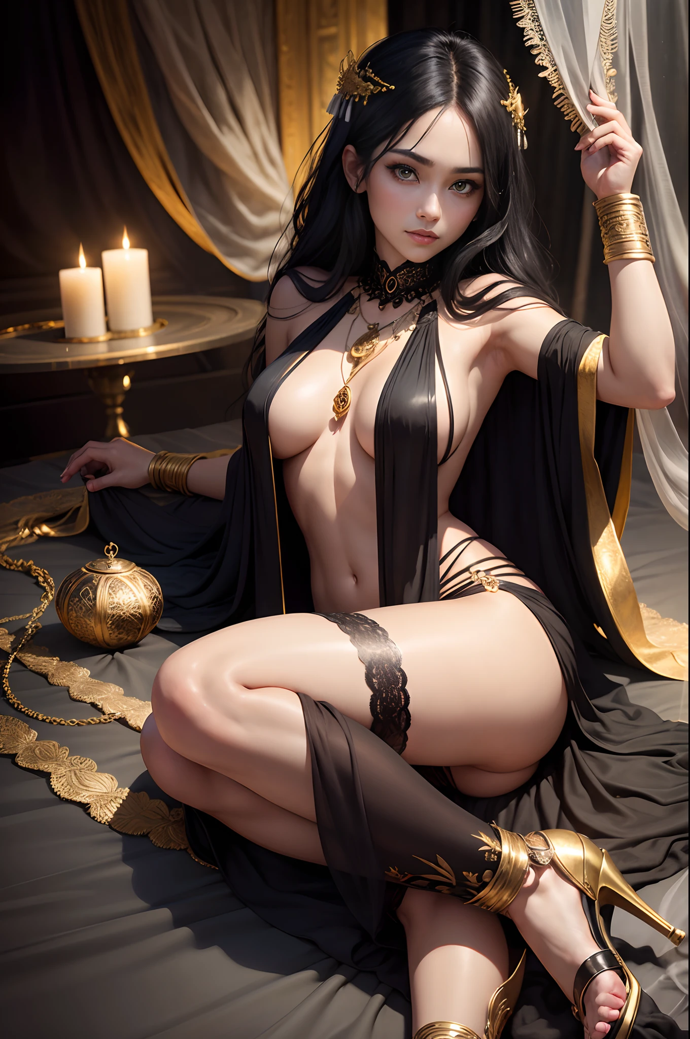 8K,Full body, (Concept art), masutepiece, Best Quality, Photorealistic, 8k RAW photo, Portrait half-length portrait by Tom Bagshaw, Tarot card style, [:(Detailed face:1.2):0.2], Absurd Iris Texture, face to the viewer, Cowboy Shot, (Photorealistic:1.5), Perfect body, Beautiful Girl Pure Eros Face_v1, Smiling, Ankle High Heels, Turning off transparent black_Shoulder_bandaged_Dress with gold ornaments, Necklace, arm band, navel ring, transparent heavy lace cloak made of swan feathers,, huge tit, Green eyes, Long legs, Long Black Hair, Rim lighting, Lying on bed inside silky luxury tent, treasure chests, A hill, rainforests, Blue sky, Clouds, Sun Style - Hamuna Putra, Dark Fantasy, Full female body,