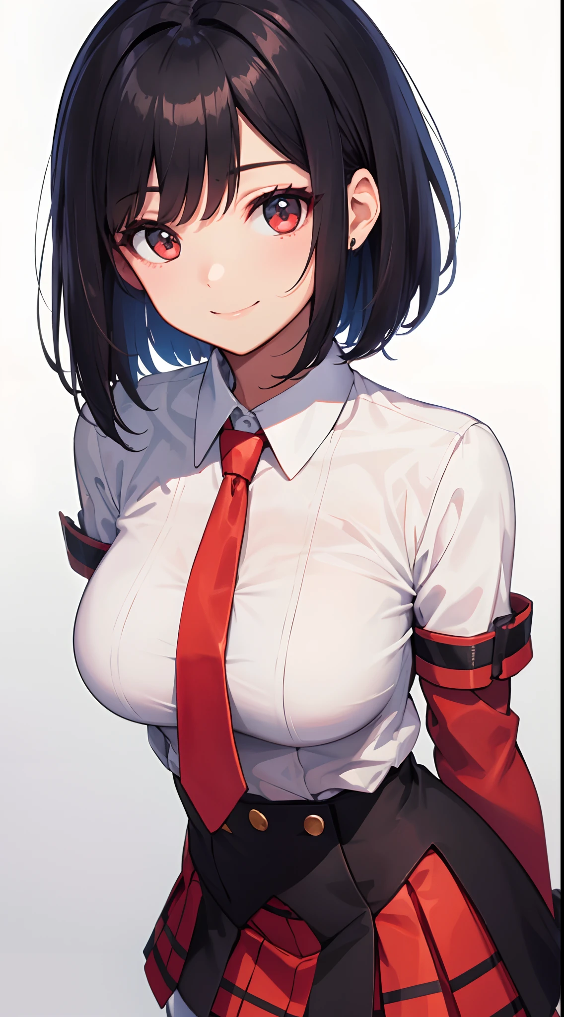 masterpiece、top-quality、detaile、hight resolution、extremely delicate and beautiful、Short bob with black hair、simple background、upper body closeup、beutiful breast、White cutter shirt、red necktie、Red checked miniskirt、Black tights、Smile