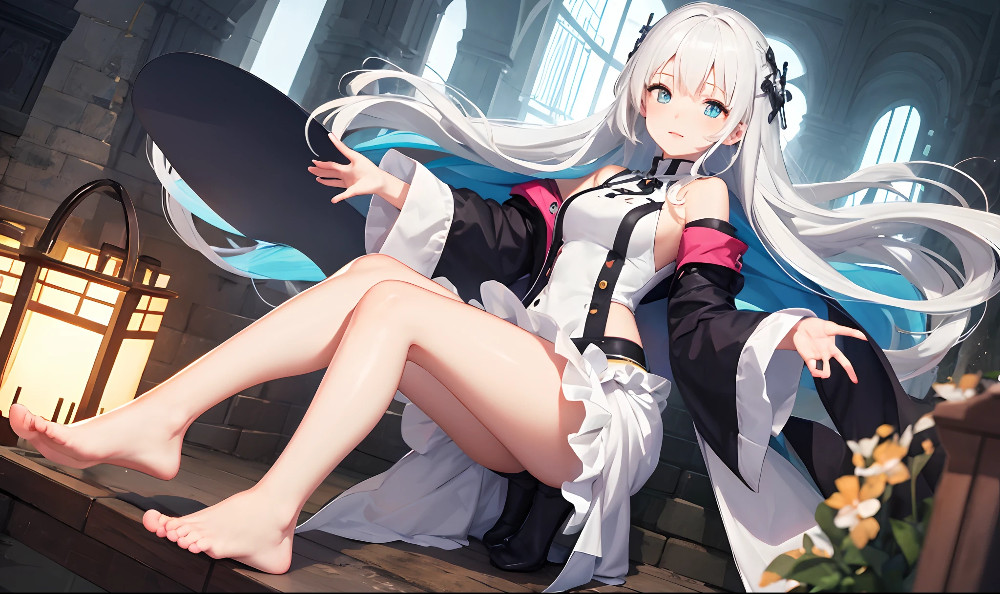 Anime girl with white hair showing her feet