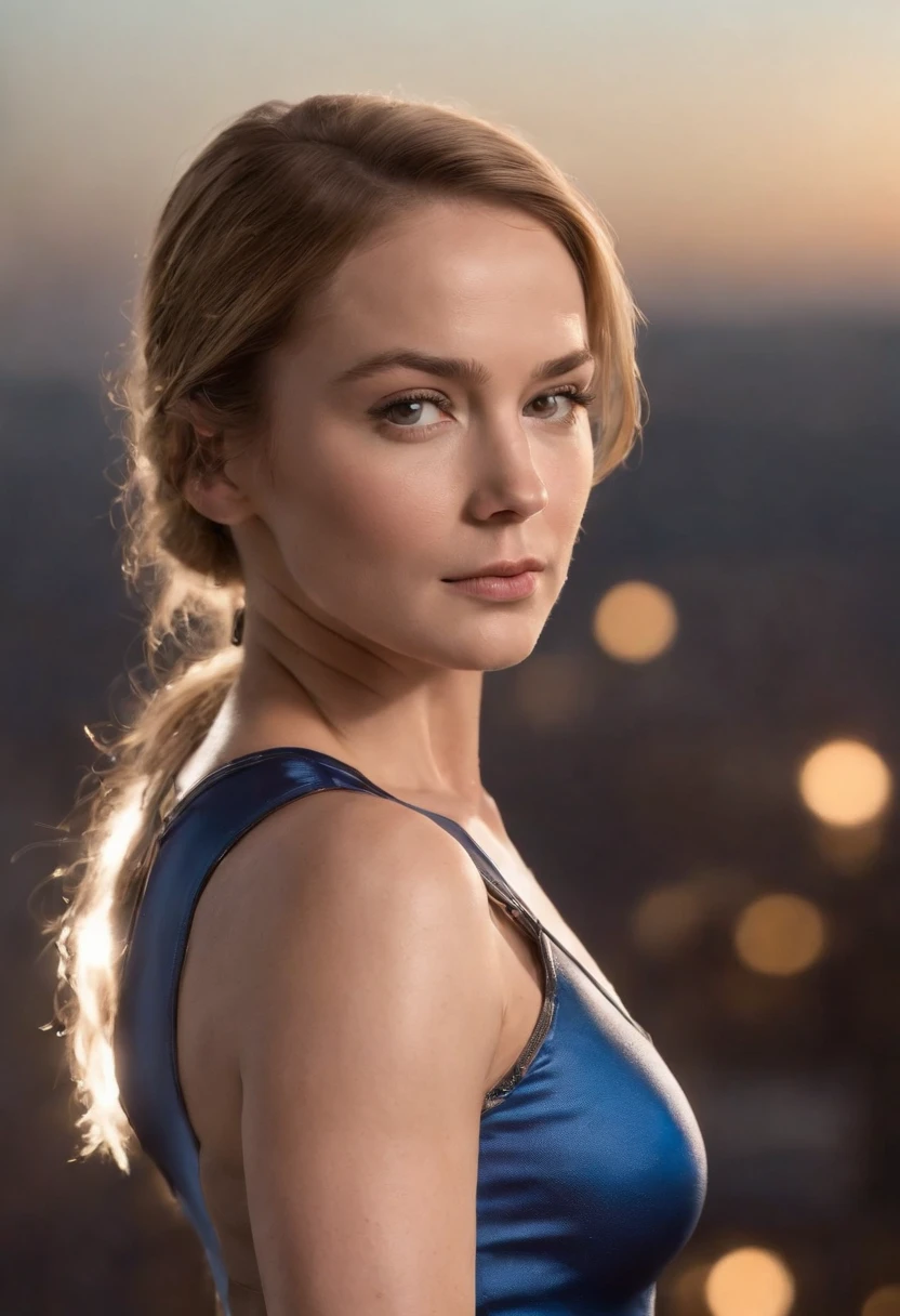 Brie Larson, embodying the role of Sue Richards, the Invisible Woman from the Fantastic Four, stands tall with confidence. She wears a glowing collar around her neck, emanating a soft, ethereal light that illuminates her surroundings. The scene is set in a futuristic cityscape, with towering skyscrapers and a vibrant night sky. Brie's costume is sleek and modern, accentuating her curves and showcasing her superhuman abilities. The image is rendered with a dynamic and otherworldly visual style, with a blend of soft and sharp lines that create a sense of energy and power. The lighting is carefully crafted, with the glowing collar casting a gentle glow on Brie's face and surroundings. The overall mood is one of awe and wonder, capturing the essence of Sue Richards as a formidable superhero with a radiant presence.