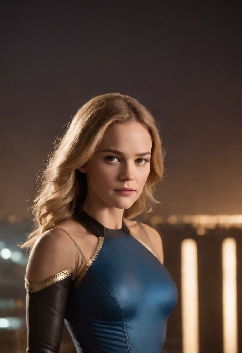 Brie Larson, embodying the role of Sue Richards, the Invisible Woman from the Fantastic Four, stands tall with confidence. She wears a glowing collar around her neck, emanating a soft, ethereal light that illuminates her surroundings. The scene is set in a futuristic cityscape, with towering skyscrapers and a vibrant night sky. Brie's costume is sleek and modern, accentuating her curves and showcasing her superhuman abilities. The image is rendered with a dynamic and otherworldly visual style, with a blend of soft and sharp lines that create a sense of energy and power. The lighting is carefully crafted, with the glowing collar casting a gentle glow on Brie's face and surroundings. The overall mood is one of awe and wonder, capturing the essence of Sue Richards as a formidable superhero with a radiant presence.