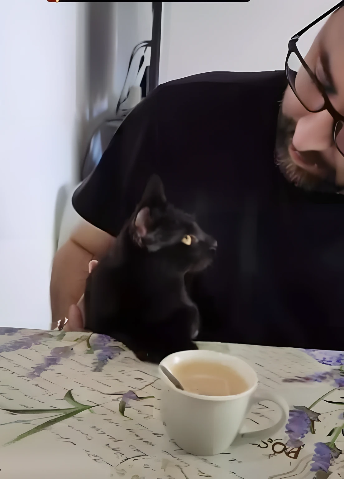 There's a man sitting at a table with a cup of coffee and a black cat, a cat sipping coffee, the cat is drinking tea, next to a cup, com gato pequeno no colo, drinking a coffee, gato bebendo leite, drinking coffee, ☕ em cima da mesa, Acariciando um gato, gato na mesa, drinking a cup of coffee, .gif, great quality