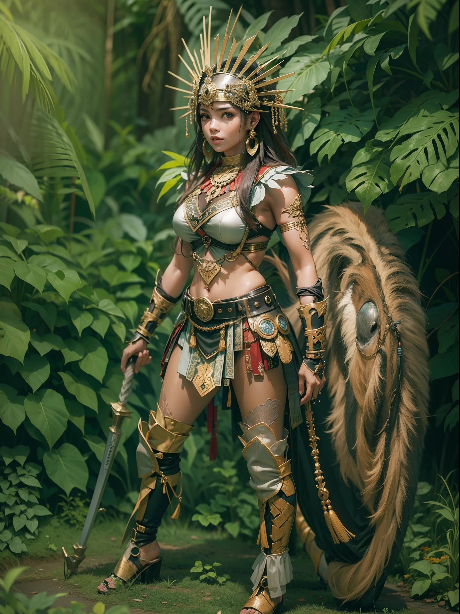 Beautiful woman in insanely complex Amazon warrior costume