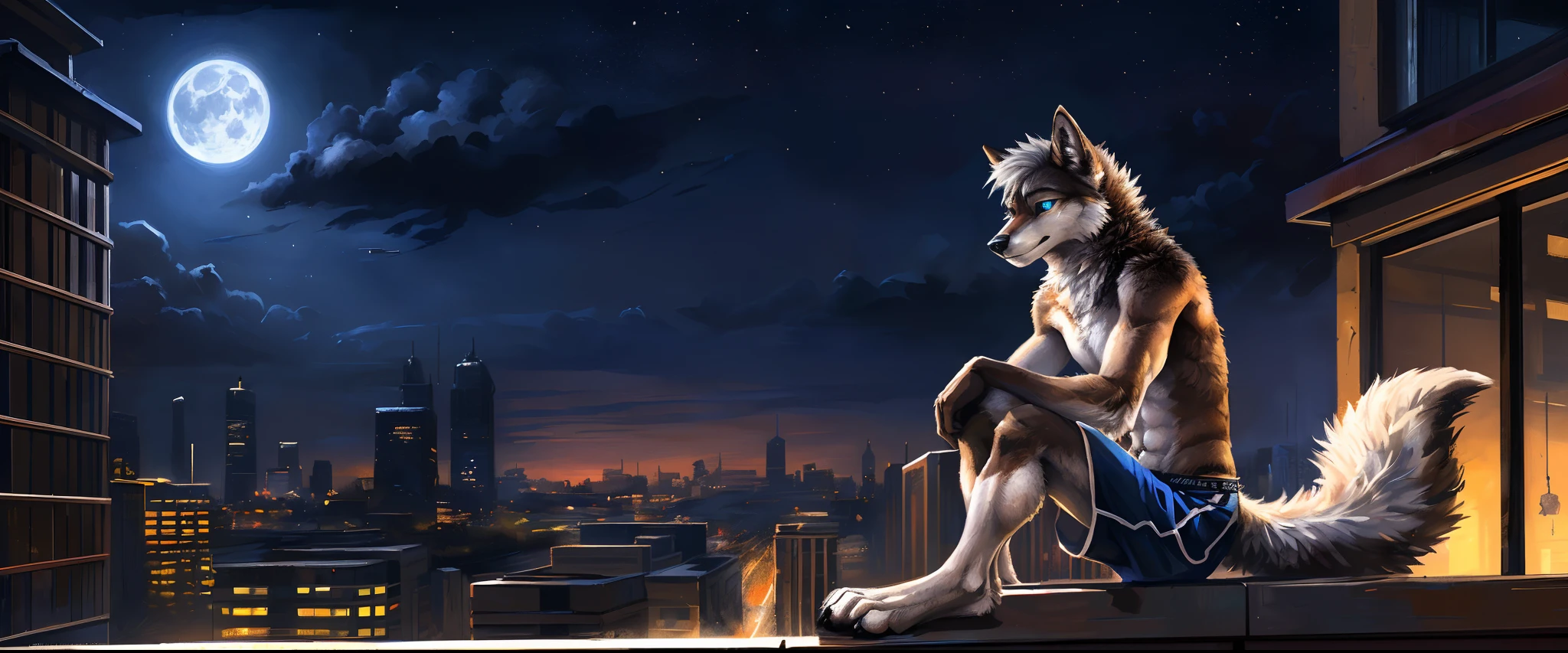 ((Solo)), male people, anthro wolf, (Multi-colored fur, White-brown:1.3, White tail pointed), ((Wolf face, White hair, Big eyes, White eyelids, Blue pupil, Slim:1.2) (Tough, Calm expression:1.2)), Abs, Slim, pinging)), (Correct anatomy), (Work shorts:1.1), The upper body is naked, (detailed outfits),A big tail,Feet,Long legs,(Realistic fur, Detailed fur texture, labeled:1.3)), (Natural lighting), Photorealistic, Hyperrealistic, ultradetailed, by Kenket,In the modern city,Roof roof,the night,Sit alone,Look at the full moon,It was dark,Starry