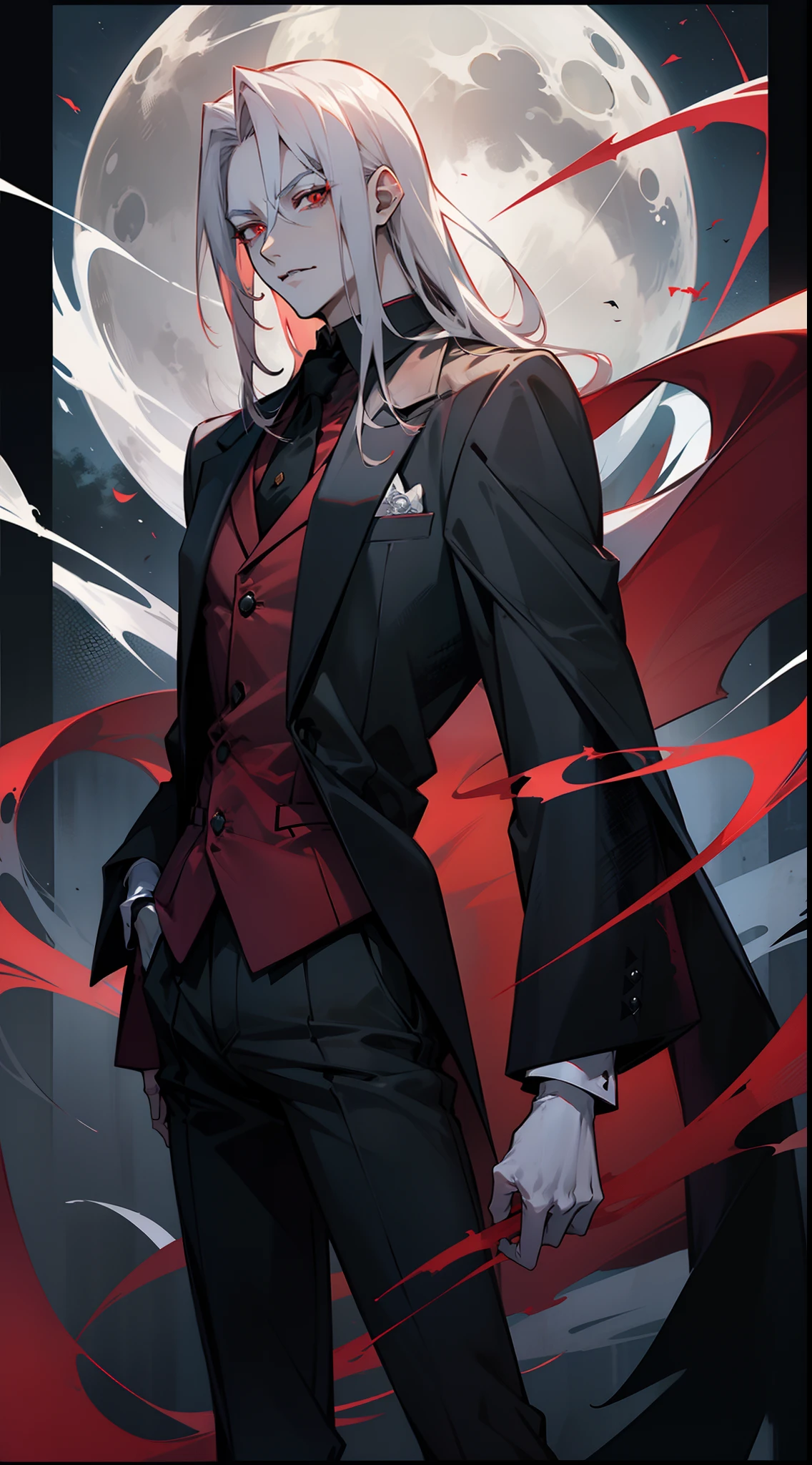 With a graceful stance, a male vampire poses for his portrait. His anime-style appearance is enhanced by his long, white hair and striking red eyes. He wears a tailored suit, adding a touch of sophistication to his pale white skin. The full moon shines brightly in the background, adding a touch of mystery to the image.