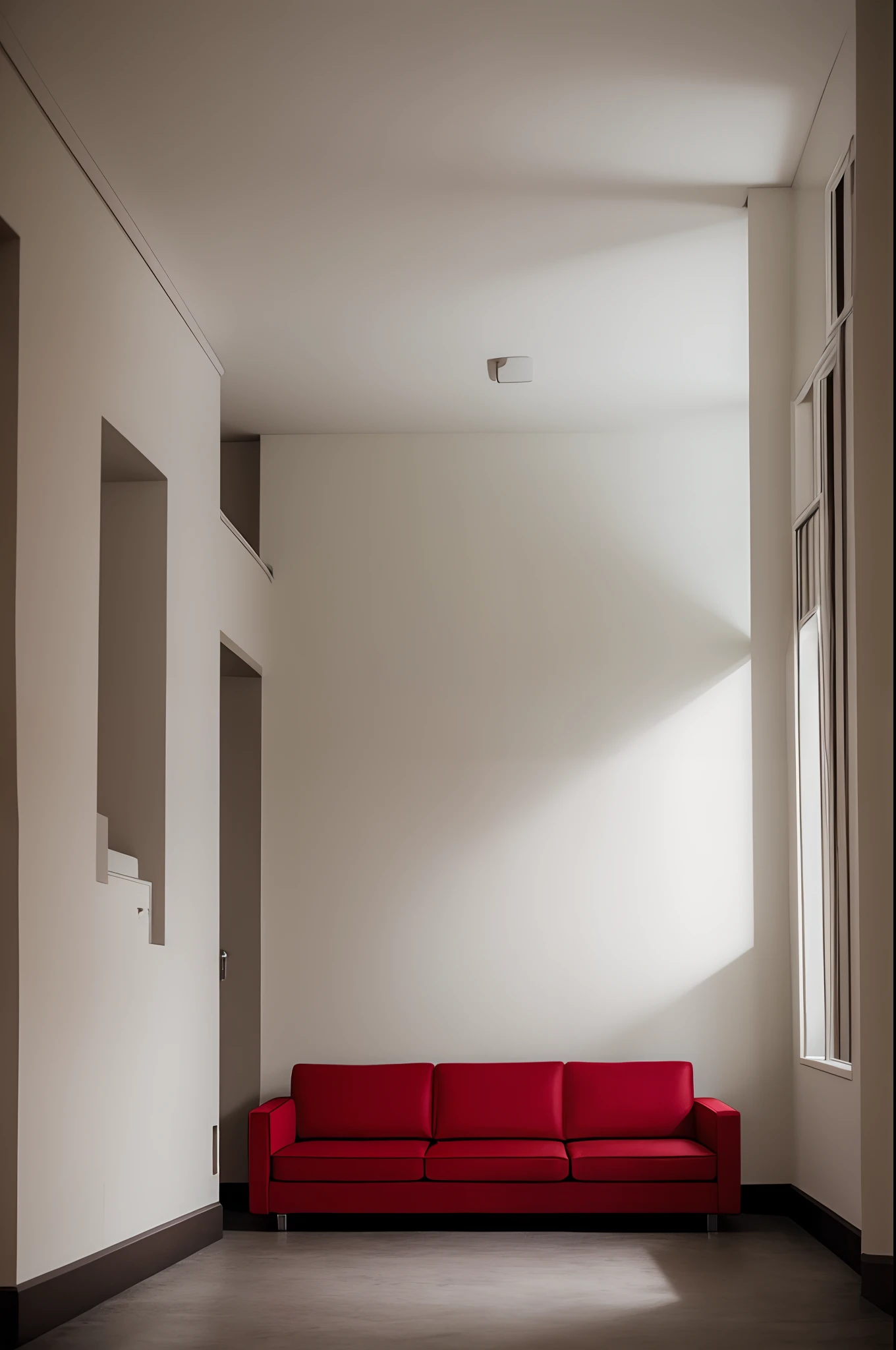 A red couch in a dark white hallway, no windows, no lights
