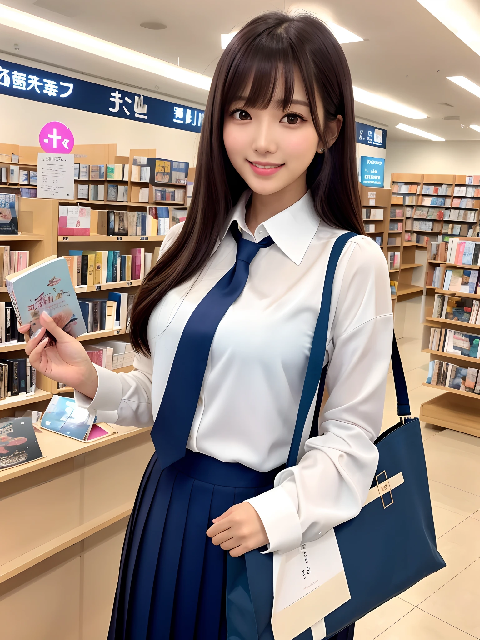 product quality, 1girl, upper body shot, front view, a Japanese young pretty woman, long bob hair, standing in a crowded book store in the evening, having a book with a big smile, beautiful sunset, glamorous figure, wearing a long sleeves white collared silky satin shirt with shiny satin dark blue plain tie, wearing a dark blue pleated long skirt, carrying one tote bag over her shoulder, hyper cute face, glossy lips, double eyelids in both eyes, natural makeup, long eyelashes, shiny smooth light brown long bob hair, asymmetrical bangs, a tanned skin, central image, high resolution, high detail, detailed hairstyle, detailed face, spectacular cinematic lighting, octane rendering, vibrant, hyper realistic, perfect limbs, perfect anatomy