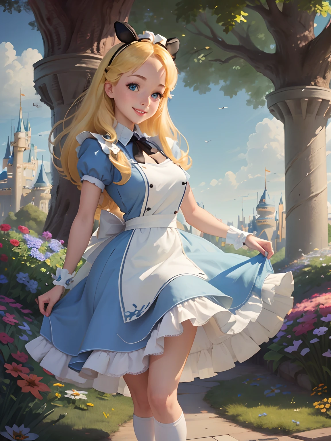 (masterpiece), (best quality), (extremely detailed), alice liddell, blue dress, white apron, black hairband, white long socks, cute pose, in a flower garden, (((disney castle at the background))), (blue sky), (sunny day), 3d. Illustration, Good Highlights, Perfect Proportions, dynamic, Professional, Award winning, (high detailed skin), (high detailed face), photorealistic, HDR, ultra highres, absurdres, perfect body shape, cute smiling, realistic figure, sexy posing, teaser standing, perfect breast