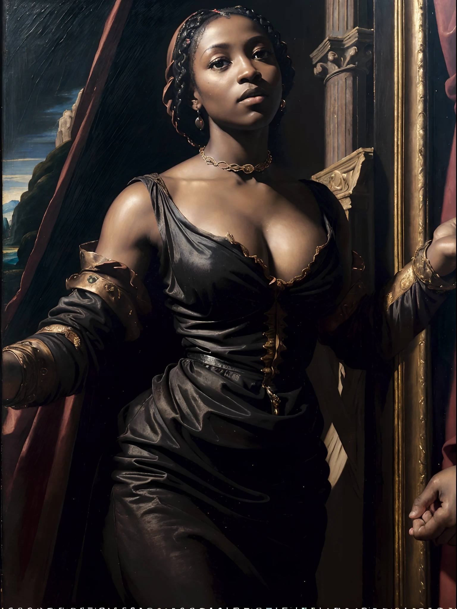 (Renaissance oil painting of a beautiful black woman:1.3), best quality, masterpiece, expressive, thrilling, 256k, epic, crepuscular lights, (by Michelangelo, by Rafael, by Rubens:1.2), chiaroscuro, best quality, masterpiece, (best hands)