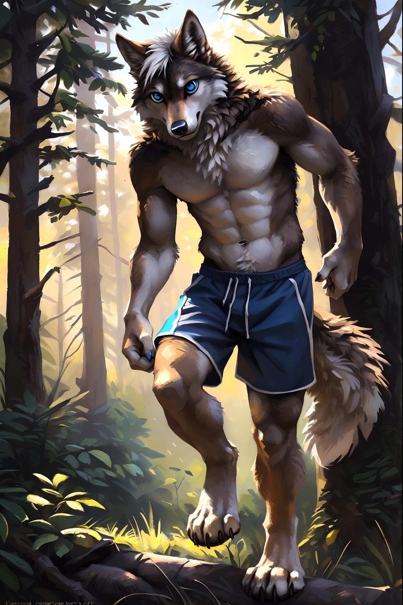 ((Solo)), male people, anthro wolf, (Multi-colored fur, White-brown:1.3,White tail pointed), ((Wolf face, White hair, Big eyes, White eyelids, Blue pupil, Slim:1.2) (Tough, Calm expression:1.2)), Abs, Slim, pinging)), (Correct anatomy), (Work shorts:1.1), The upper body is naked, (detailed outfits),A big tail,Feet,(Realistic fur, Detailed fur texture, labeled:1.3)), (Natural lighting), Photorealistic, Hyperrealistic, ultradetailed, by Kenket,ln the forest,No artificiality,erect through,Running on