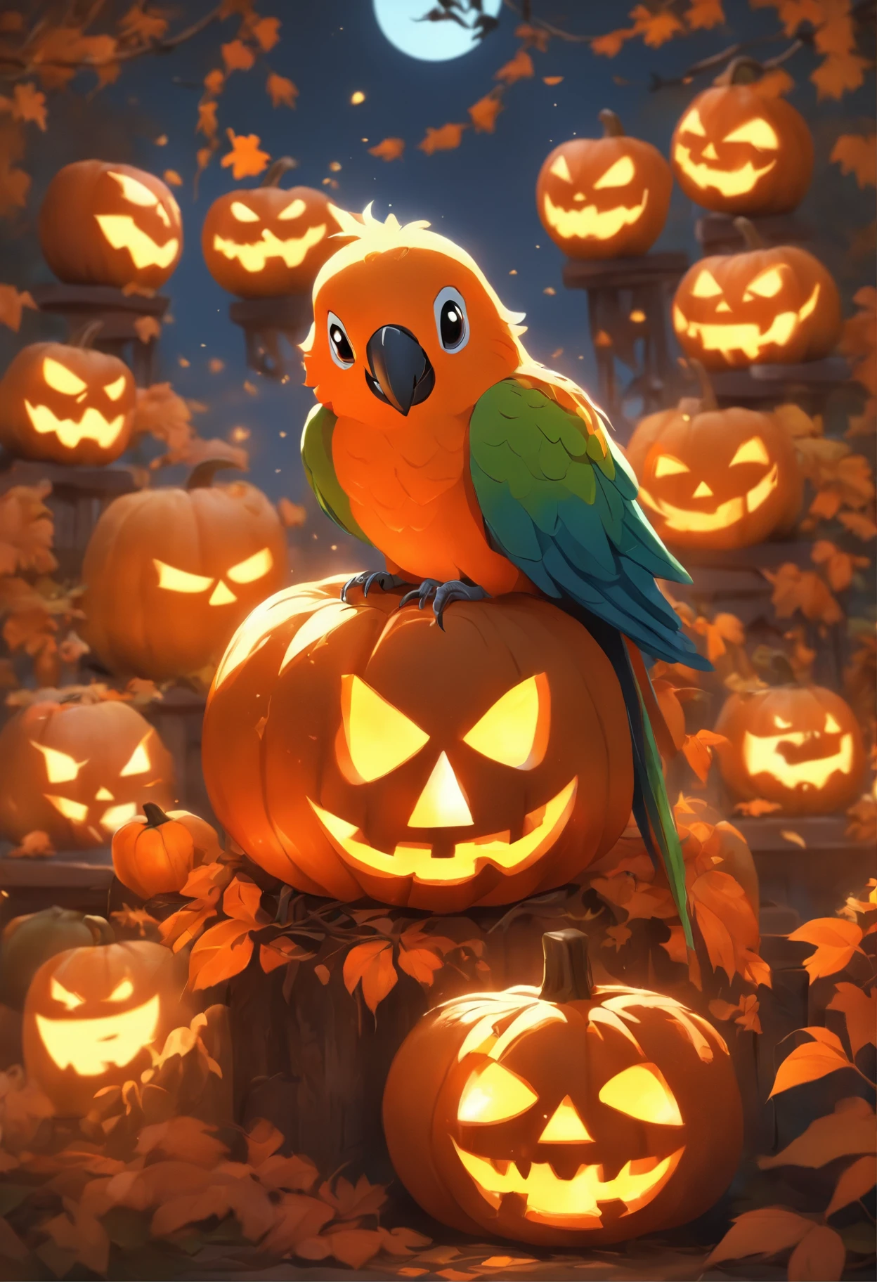 jack-o-lanterns、Parrots and jack-o'-lanterns in a spooky Halloween garden, Surrounded by bright autumn leaves. The garden is full of eerie lighting, Cast shadows on the carved face of a pumpkin, Create an eerie yet captivating atmosphere. The jack-o'-lantern has a classic grinning face.、Illuminated by flickering candles. A colorful parrot is perched on a jack-o'-lantern, Add a playful element to your scene. Images should be of the highest quality, Ultra-detailed, and realistic. The colors are vivid、It is necessary to evoke the spirit of Halloween.