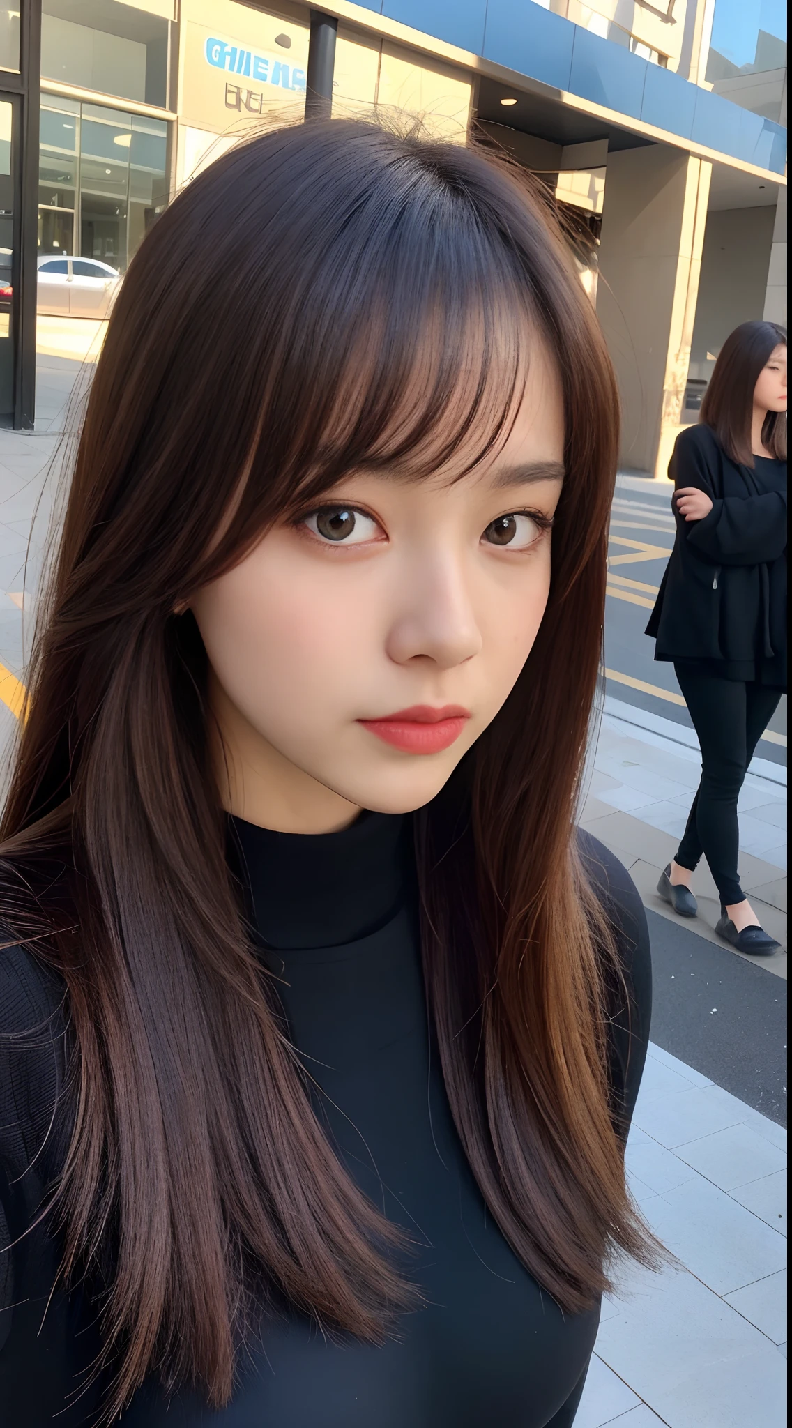 ((Day, Best Quality, 8K, Realistic)), Full Body: 1.4, Slender Abs: 1.2, ((Ponytail hat dark brown hairstyle, Medium Breasts: 1.2)), (Tight black shirts: 1.1, Tight leggings: 1.1, Walking: 1.2, Natural makeup, Black sunglasses, Black hat, Sweats), (Outdoor, Street, Realistic streets background, Day lights, Bright sunlights), Highly detailed face and skin texture, detailed eyes, double eyelids, swags, face looking at the camera, full body camera view, top angle selfie camera view, (Holding the selfie camera: 1.2, Selfie: 1.1)
