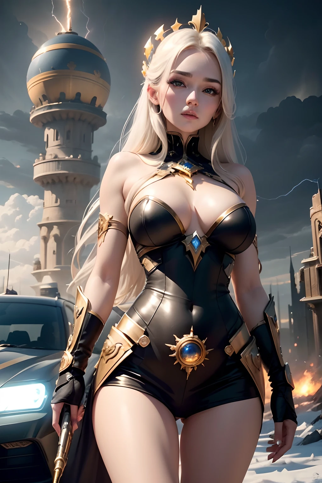 realistic visual effects，attractive beautiful，dramatic contrast，Gentle lighting，Delicate warmth，the soft light，hyper HD，Extremely colorful，best qualityer，Snow-whiteskin，8K high quality，Sexy goddess，A pair of big eyes are beautiful and moving，White skin，Makeup，Sexy outfit，Armed with futuristic modern weapons，gold；jewely；Blue Electric，【Background with】Large gears，Large gears，Doomsday ruins，Giant tornado，Strange sky，Lightning Thunder，The setting sun burns the dark clouds，Multiple planets，The end of the world，Multiple planets，Mards，Jupiter，Mercury，Strange sky，Giant Tornado ultra-futuristic car，Cool headlights。