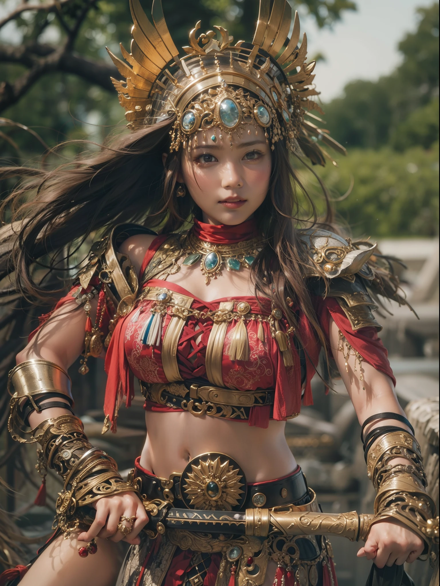 Beautiful woman in insanely complex Amazon warrior costume