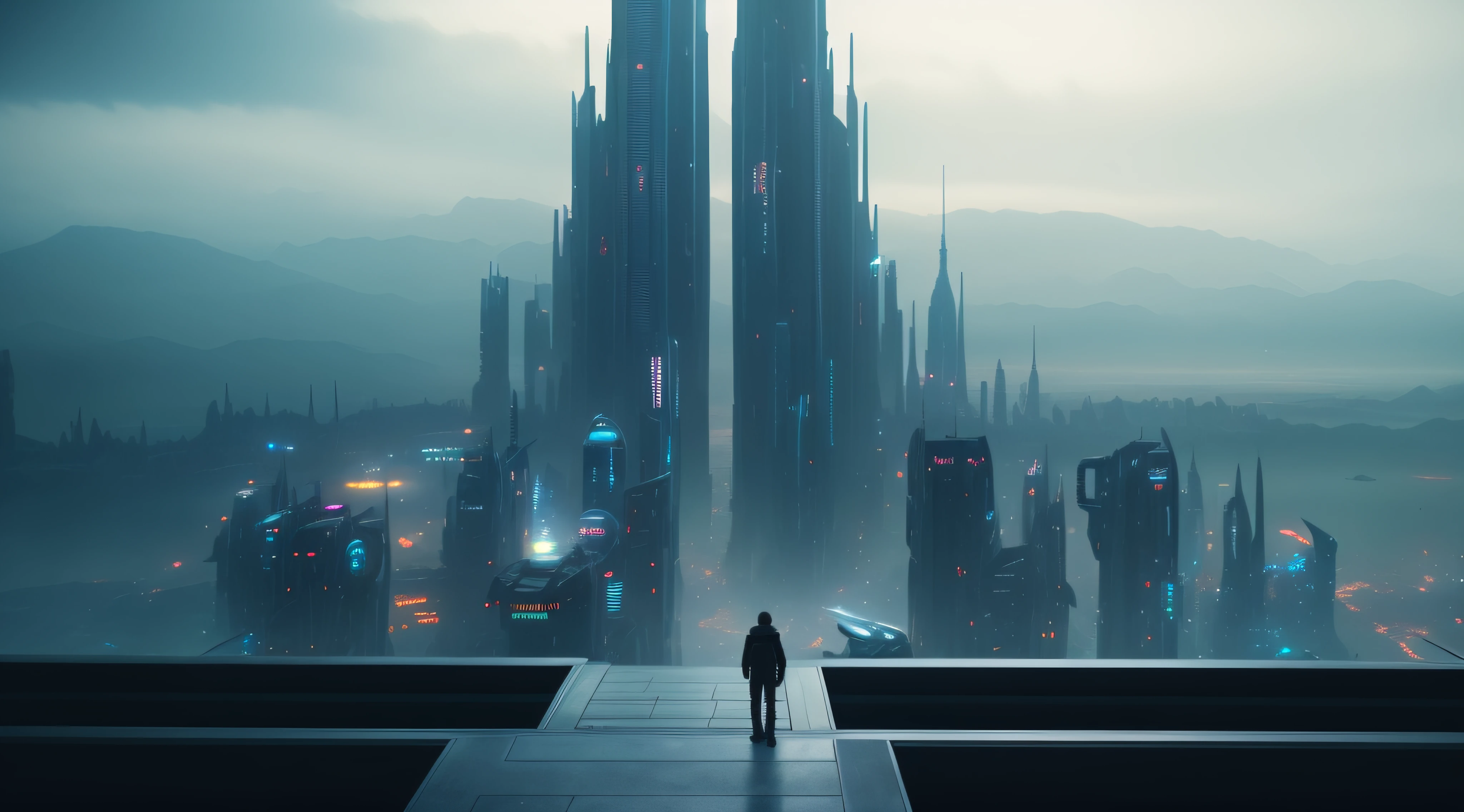 there is a man standing on a platform looking at a city, in front of a sci fi cityscape, in fantasy sci - fi city, huge futuristic temple city, an epic scifi movie still, otherwordly futuristic city, futuristic dystopian city, epic cinematic matte painting, dark futuristic city, from a 2 0 1 9 sci fi 8 k movie, in a scifi movie