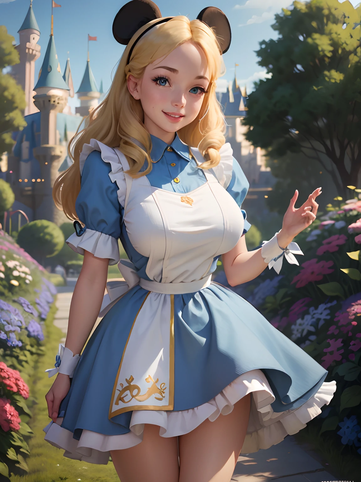 (masterpiece), (best quality), (extremely detailed), alice liddell, blue dress, white apron, black hairband, white long socks, cute pose, in a flower garden, (((disney castle at the background))), (blue sky), (sunny day), 3d. Illustration, Good Highlights, Perfect Proportions, dynamic, Professional, Award winning, (high detailed skin), (high detailed face), photorealistic, HDR, ultra highres, absurdres, perfect body shape, cute smiling, realistic figure, sexy posing, teaser standing, perfect breast