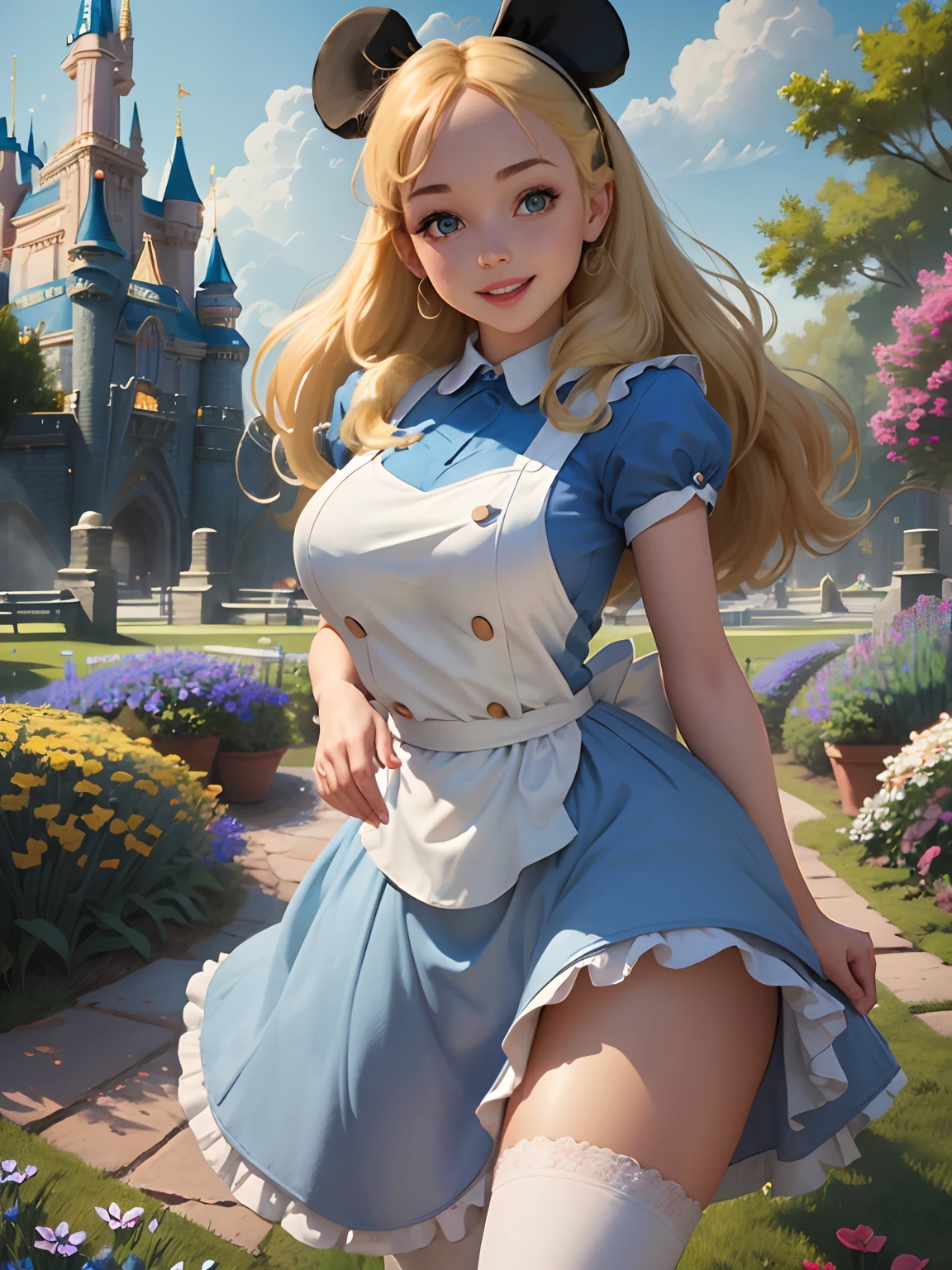 (masterpiece), (best quality), (extremely detailed), alice liddell, blue dress, white apron, black hairband, white long socks, cute pose, in a flower garden, (((disney castle at the background))), (blue sky), (sunny day), 3d. Illustration, Good Highlights, Perfect Proportions, dynamic, Professional, Award winning, (high detailed skin), (high detailed face), photorealistic, HDR, ultra highres, absurdres, perfect body shape, cute smiling, realistic figure, sexy posing, teaser standing, perfect breast