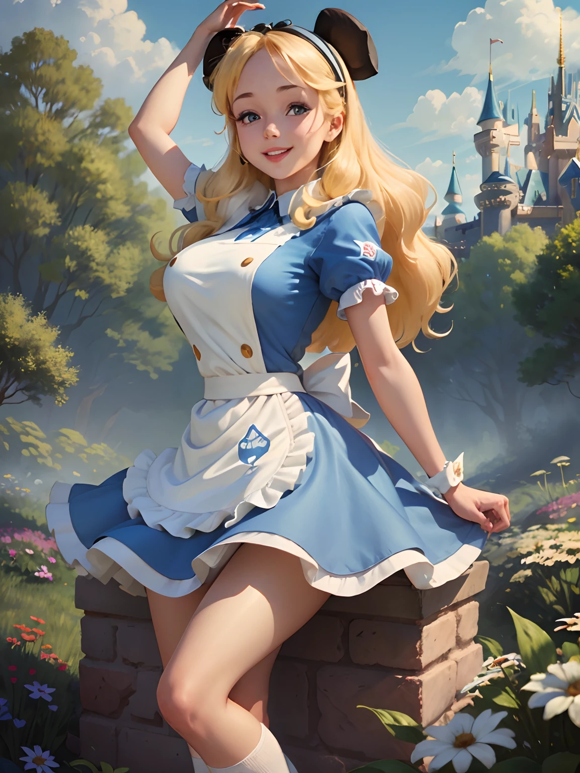 (masterpiece), (best quality), (extremely detailed), alice liddell, blue dress, white apron, black hairband, white long socks, cute pose, in a flower garden, (((disney castle at the background))), (blue sky), (sunny day), 3d. Illustration, Good Highlights, Perfect Proportions, dynamic, Professional, Award winning, (high detailed skin), (high detailed face), photorealistic, HDR, ultra highres, absurdres, perfect body shape, cute smiling, realistic figure, sexy posing, teaser standing, perfect breast