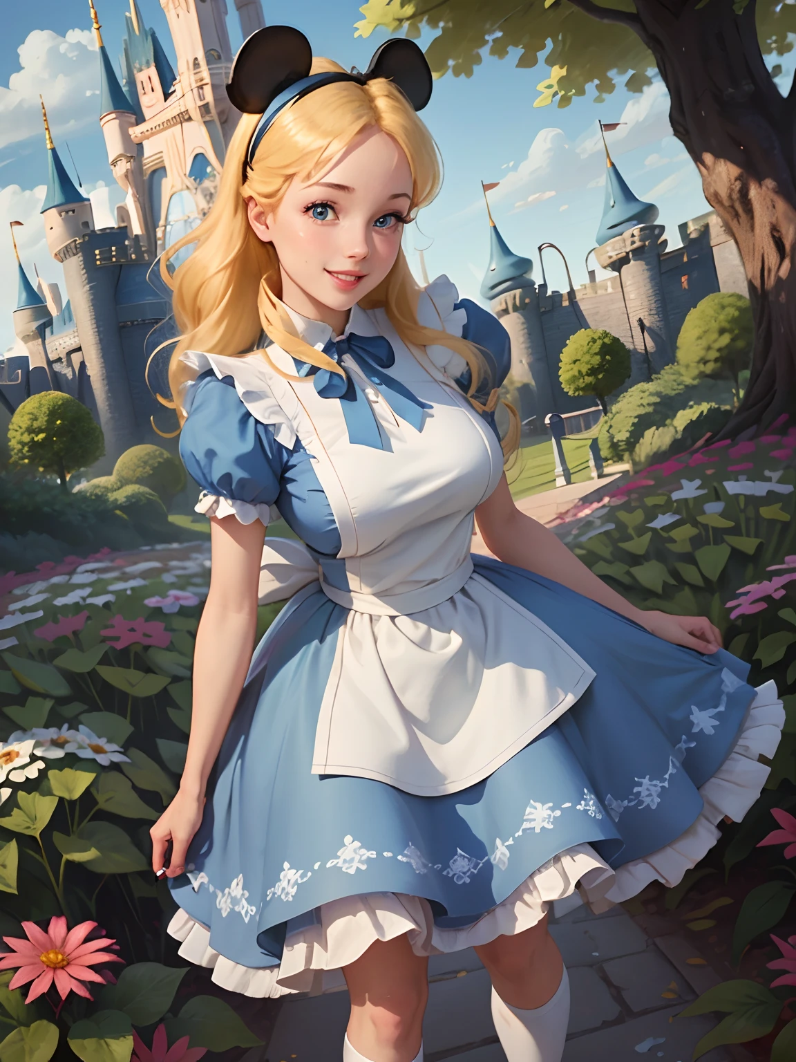 (masterpiece), (best quality), (extremely detailed), alice liddell, blue dress, white apron, black hairband, white long socks, cute pose, in a flower garden, (((disney castle at the background))), (blue sky), (sunny day), 3d. Illustration, Good Highlights, Perfect Proportions, dynamic, Professional, Award winning, (high detailed skin), (high detailed face), photorealistic, HDR, ultra highres, absurdres, perfect body shape, cute smiling, realistic figure, sexy posing, teaser standing, perfect breast