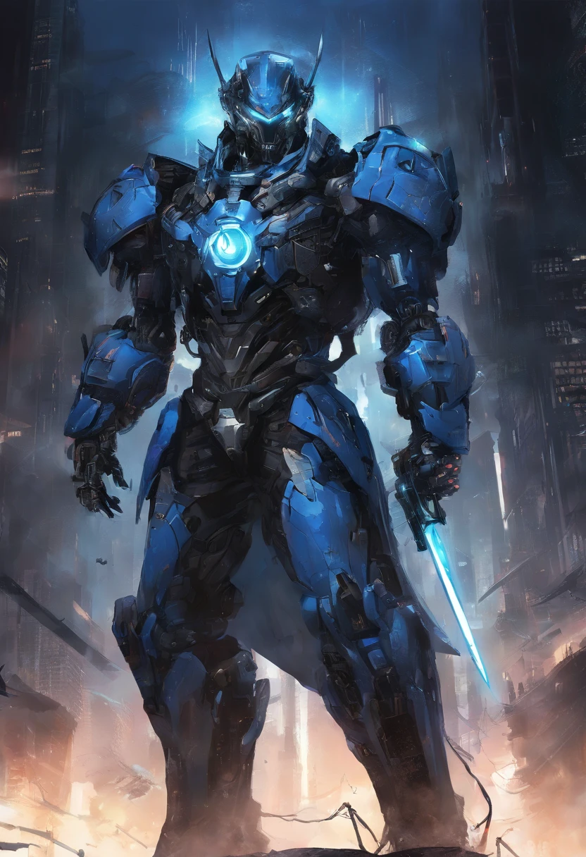 Blue Ghost Hunter, (Giant: 1.6), Super Cool Ghost Killer, Wearing blue mechanical armor, Surrounded by lightning, holding samurai sword, standing at front, super detailed, Realistic, shiny, Reflective, bio luminescent, Galaxy Control Mask, mechs, (The executioner was hanged:1.2), Cape, SH4G0D, GlowingRunes_Red, Full body, movie, Dark background, Backlight, High contrast, Advanced metropolis、cosmic space、Robots only