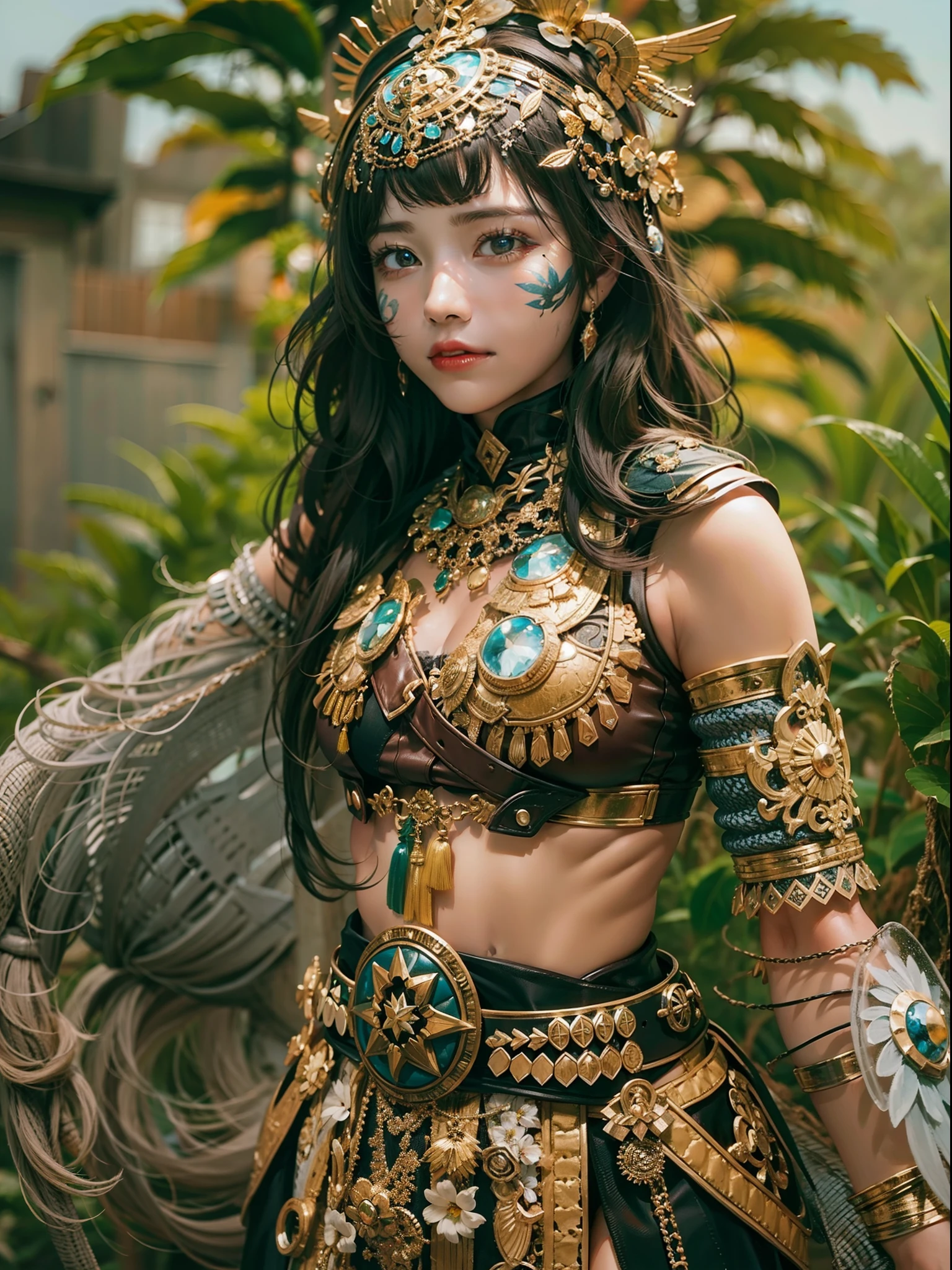 Beautiful woman in insanely complex Amazon warrior costume