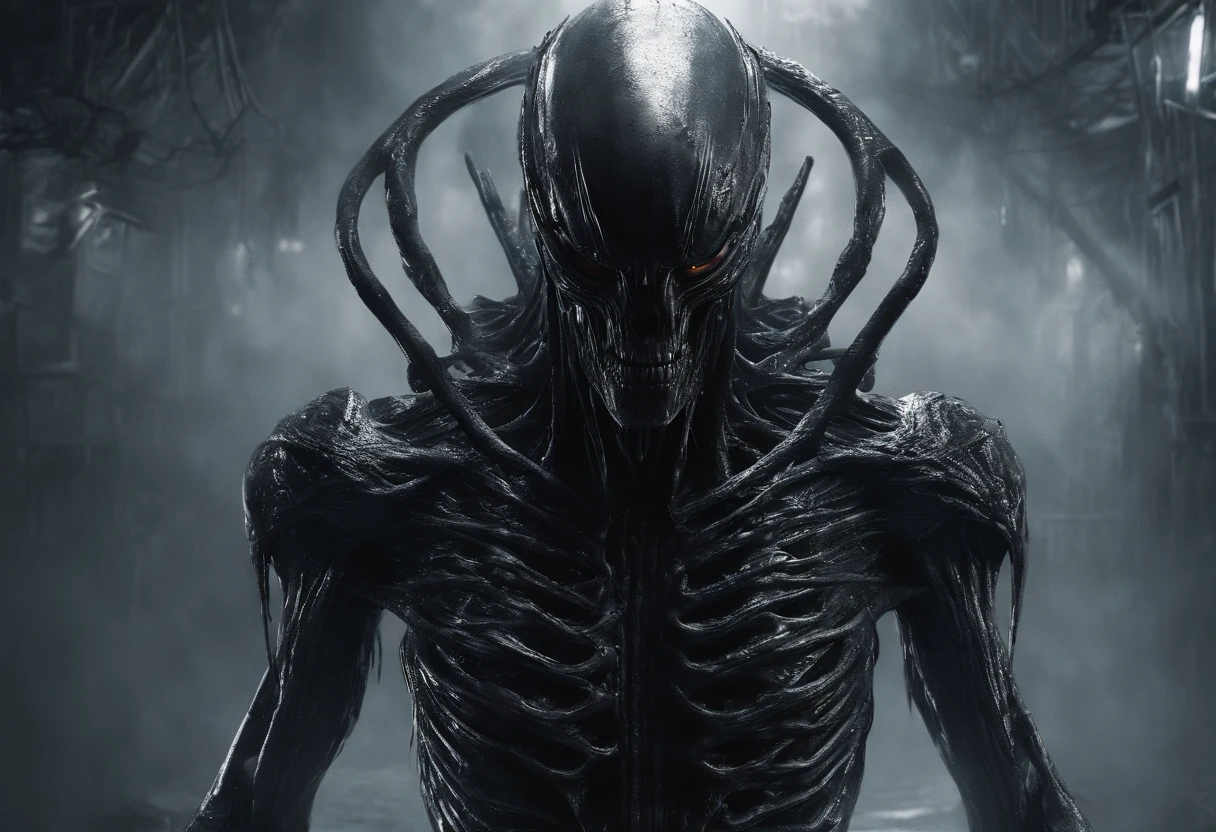 ((Best quality, 8K, Masterpiece: 1.4)),((Amazing detail: 1.3)),((illustration: 1.2)),((high resolution: 1.1)),Alien,Xenomorph,Smooth skin,Metallic skin,Biotechnology,h. r. Giger's artwork,full bodyesbian,Combat posture,running,motion blur,Cinematic lighting,Film texture,