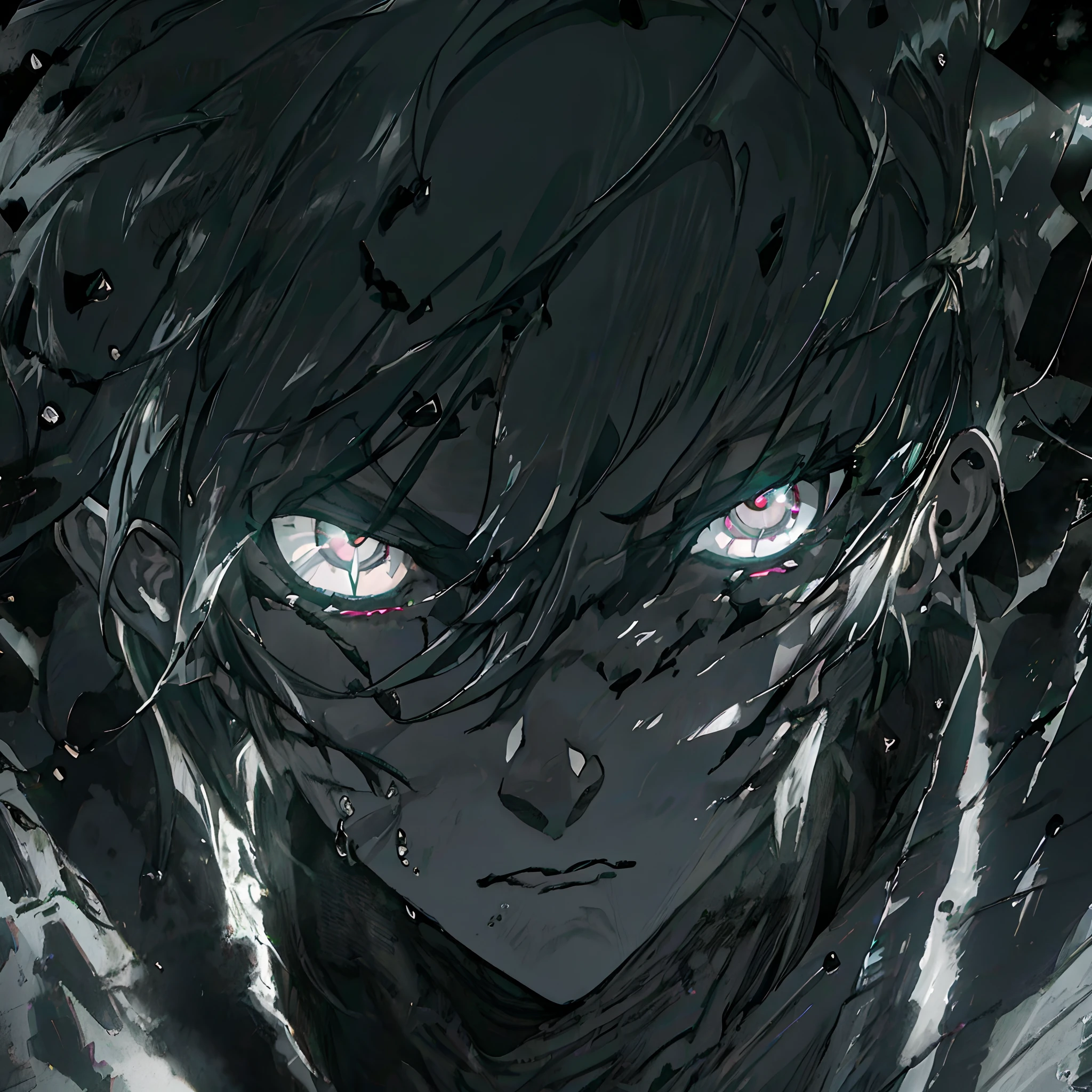 Anime humanoid monster,human,boy, glowing eyes,eye glare, monochrome, close up shot, creating a crack in reality, powerful aura, destroyed city,dark,night,8k,64k, HD, unparalleled masterpiece, dynamic lighting, cinematic, Ambient lighting, epic