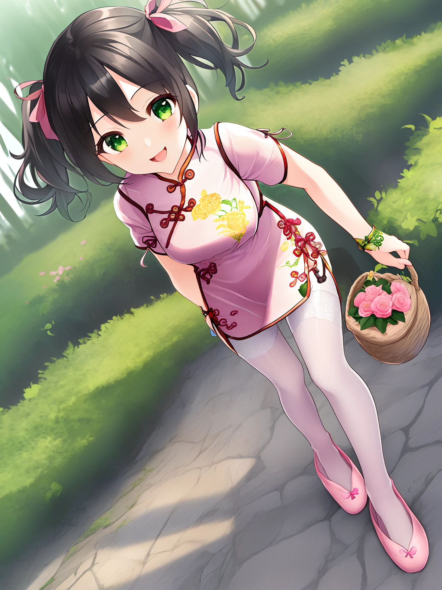 1 girl, solo, masterpiece, highres, ultra details, CG quality, cute loli, full body, (black hair:1.3), green eyes, high quality eyes, high quality hands, (twin pigtails:1.3), (hair ribbons:1.3), (short hair:1.6), (pink short cheongsam:1.6), no sleeves, small breast, silver bangles, white jacquard pantyhose, (pink_cloth_slippers:1.4), (embroidered shoes:1.2), wandering, delighted, carrying a flower basket, looking around, spinning on tiptoe, forest, high quality background, depth of field