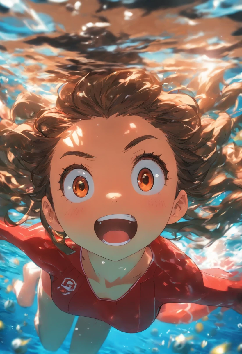 foreshortening, depth of field, masterpiece, best quality, 1girl, brown hair, brown eyes, long hair, underwater, air bubble, solo, looking at viewer, school swimsuit, swimming, dappled sunlight, KAKEGURUI