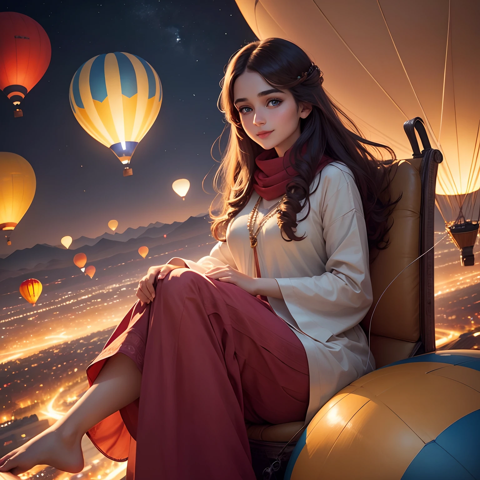 Cute girl blue eyes, long brown hairs, smooth face, sky blue shalwar and kameez, red lipstick, beautiful hair style ,smile on face, sitting on a hot air balloon in night hot air balloon is flying in air and big lighting city behind the balloon