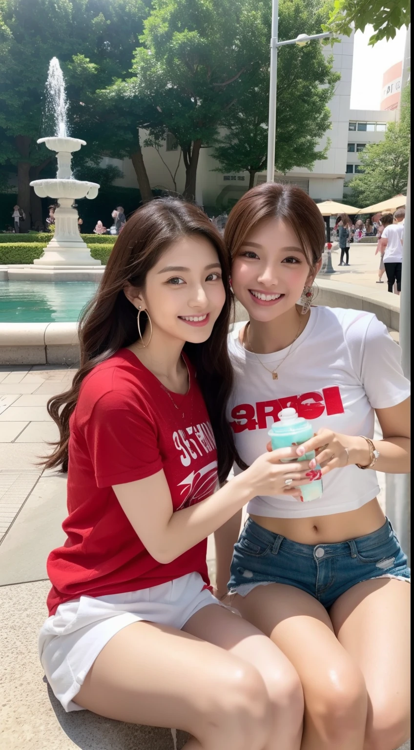 Sitting near the fountain、2 friends Cute and beautiful Japan woman eating juice and sweets Red T-shirt and white shorts Long Glitter Earrings