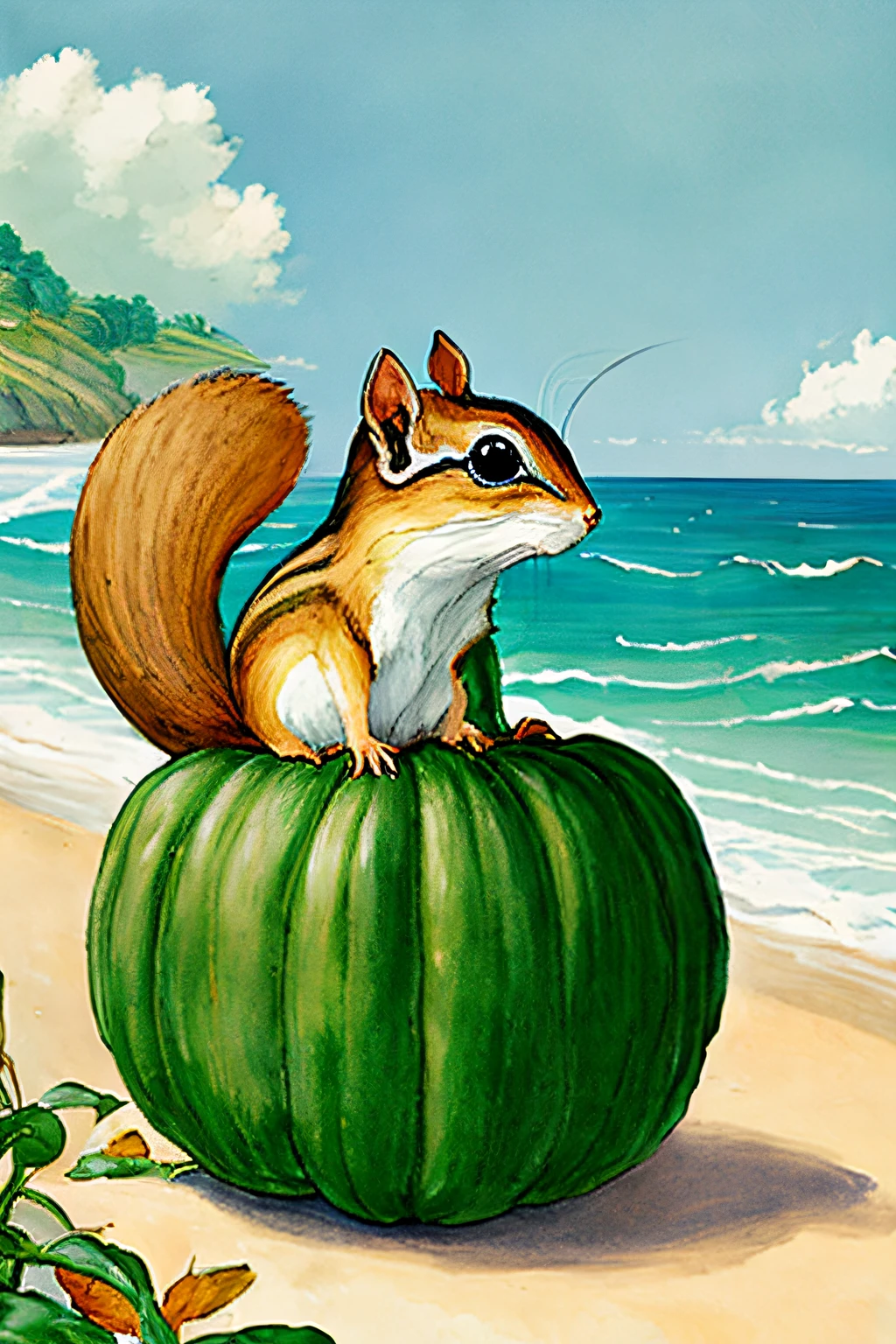 (art by chris riddell, serendipity sea side, maritime atmosphere), chipmunk is shipping green pumpkin