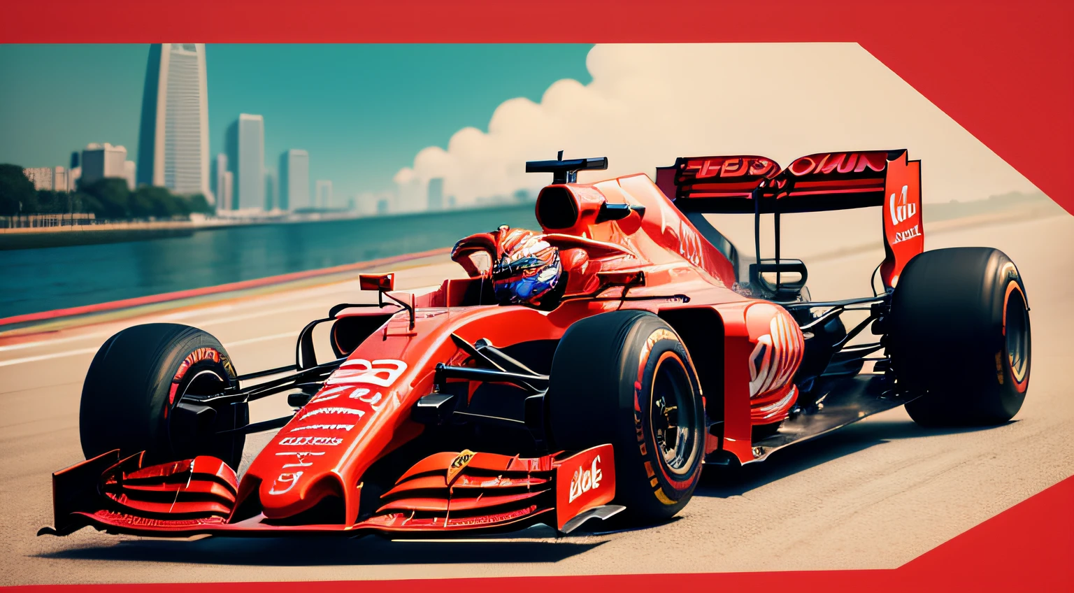 lino cut of 90s a red f1 car at singapore marina bay, singapore grand prix, iconic singapore landmarks, morning daylight, party kei, in the style of james jean, PASTEL BABY COLORS,psychedelic absurdism, intricate details, 90s anime masterpiece,colorful, textured, patterned, fine art print, --ar 3:4 --c 12 --s 185