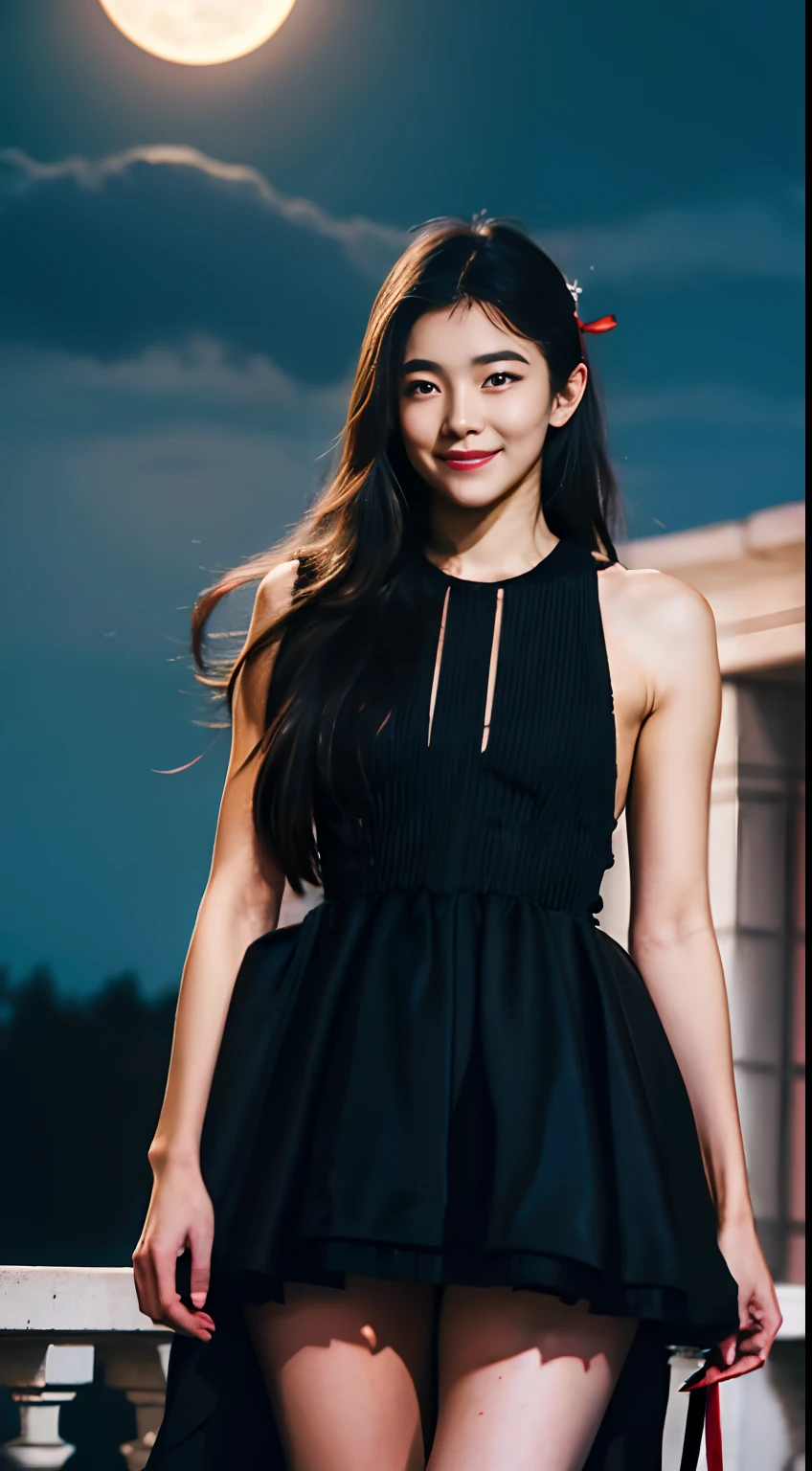 God-sheltered love，Masterpiece, Best quality, Detailed, 1girll, Solo, Night sky, Outdoors, full moon, stars, Clouds, Night,,  dark sakura, (Black dress), Long hair, Evil smile, Red ribbon, streaked, Thighs