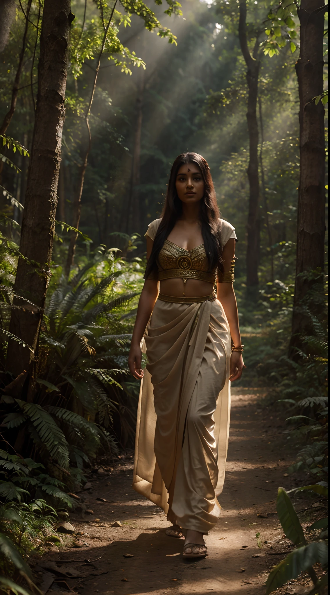 An ancient indian princess, traveling in forest, in ancient indian princess dress, in lonely forest route, in morning, in sunray, looking hot, sexy, attractive, realistic, realism, photo realistic