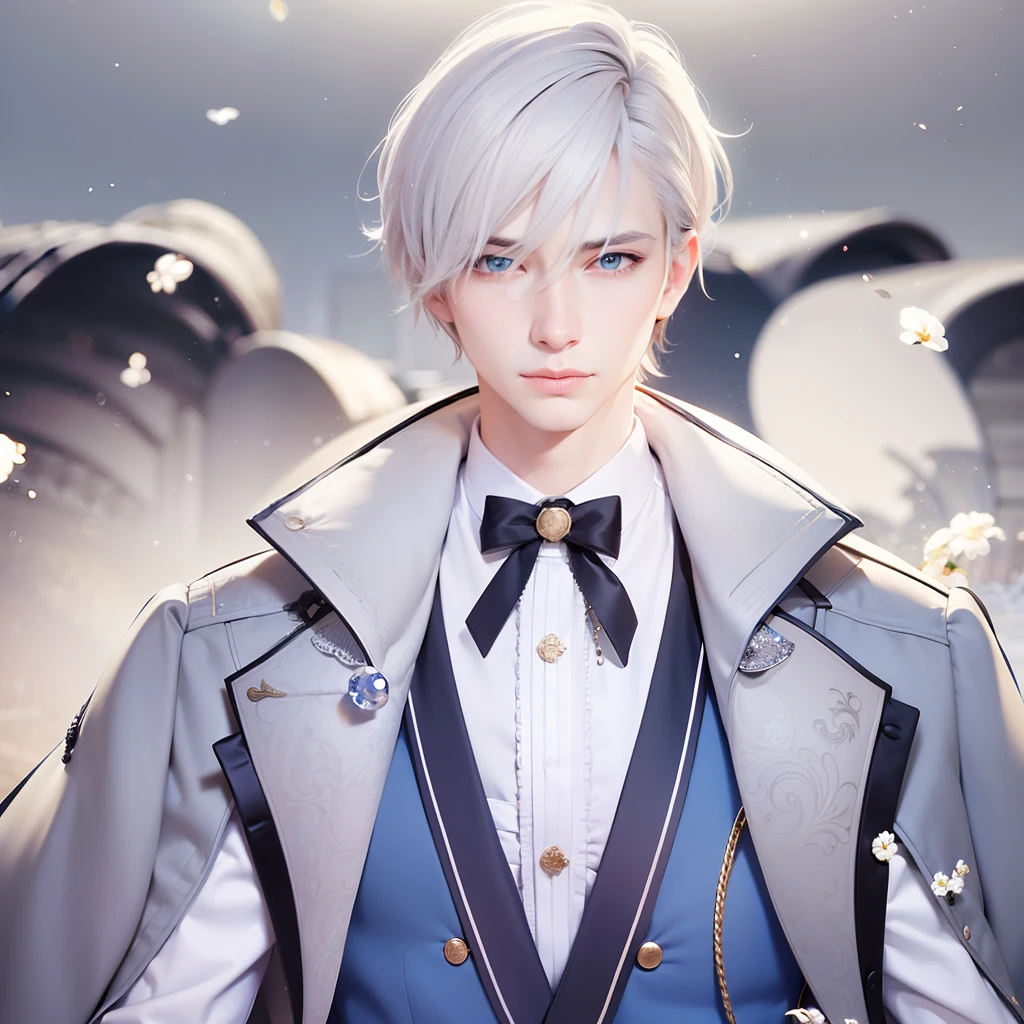 masculine male, masterpiece, ((perfect eyes)) best quality, (semirealism:1.9), beautiful lighting, (extremely detailed CG unity 4k fhd wallpaper), High Detail, Sharp focus, dramatic outdoors, 1 boy ,19 years old, white hair, light purpel eyes, smile.