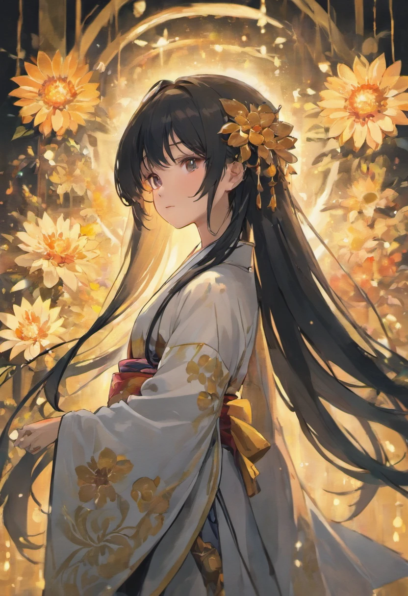 masterpiece, top quality, ultra resolution, ultra detailed, 1girl, straight black long hair, perfect face, short height, white hanfu, flowers background