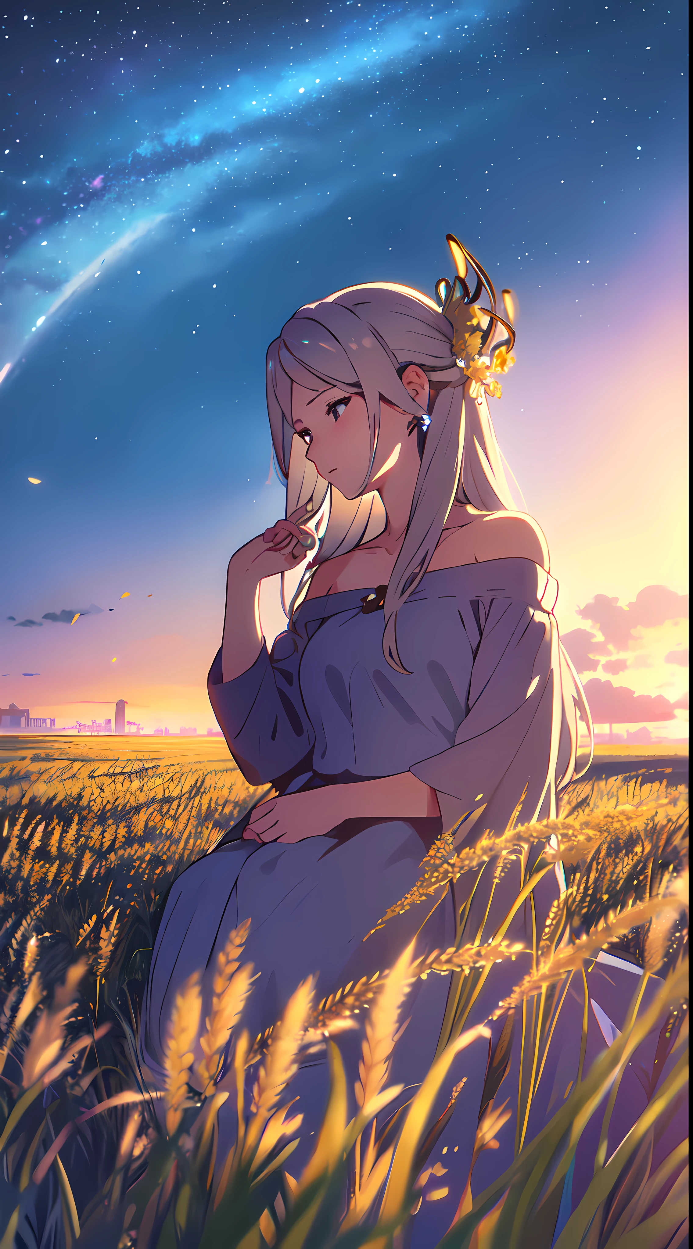 masterpiece, best quality, 1lady, solo, very long white hair, blowing hair, (flowers hair ornament), earrings, night, Vast sky, beautiful skyline, fireflies, fantasy, off shoulder blue dress, night scenery, behind view, touching wheat field, close up