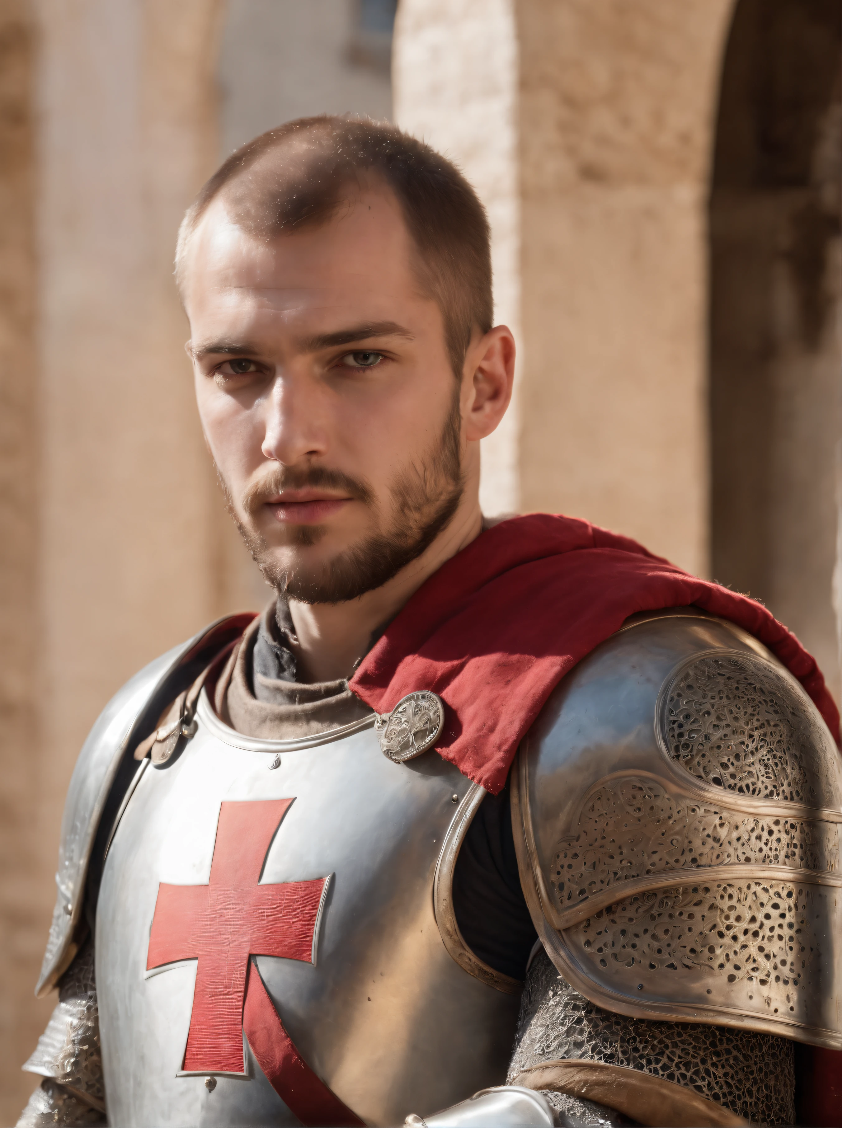 Highest quality, cinematic shot, photo of a (tough christian male Crusader of The Knights Templar), detailed facial features, buzz cut hair, long beard, serious expression, looking at viewer, (wearing lewd steel plate armor, red  cross patte on his chest:1.4), guarding a holy Christian temple in 1300s Jerusalem, toned body, muscled figure, V shaped, athletic, (detailed skin), fine details, natural lighting, sunlight, warm weather, [shadows], photographed on a Nikon D850, 50mm F/5.6 lens, ISO 100, HDR, 8k, highly detailed, sharp focus, Cinestill 800T, film still from Kingdom of Heaven, front view, eye focus, (full body:0.9)