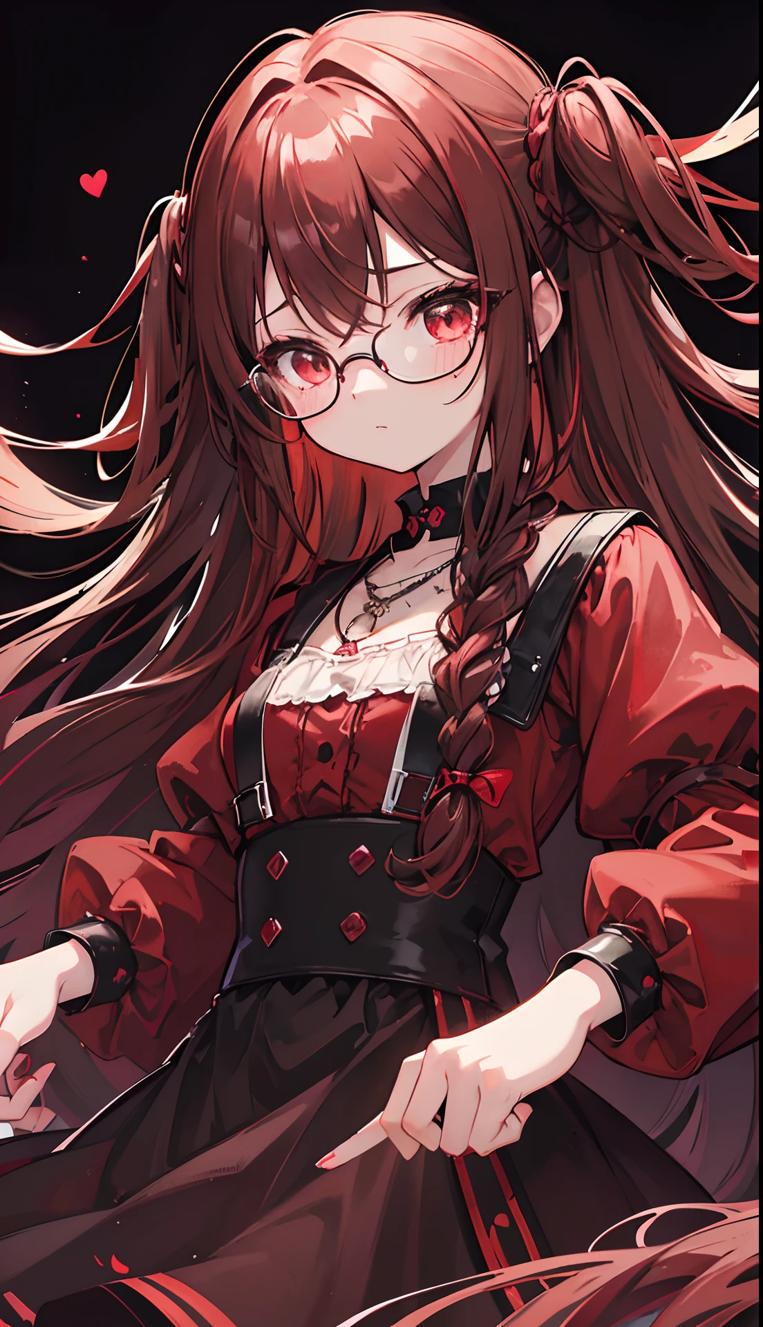 Reddish glow-brown braided hair,With thick black-framed glasses,The eyes are very affectionately glowing with fluorescence,With a cute black ring necklace,Lolita clothes in brown and red colors,Glowing,The face is shiny, super tender and shiny,is a ite cute liteet girl,Fluorescent overall,Delicate little loli litt swee