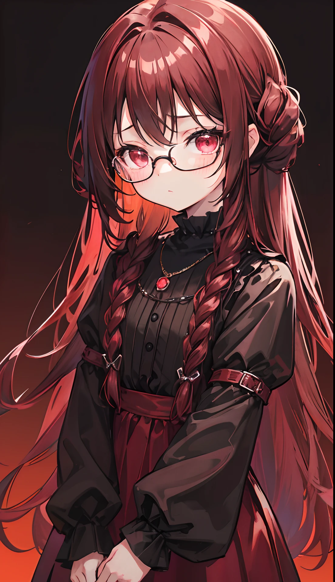 Reddish glow-brown braided hair,With thick black-framed glasses,The eyes are very affectionately glowing with fluorescence,With a cute black ring necklace,Lolita clothes in brown and red colors,Glowing,The face is shiny, super tender and shiny,is a petite cute little sweet girl,Fluorescent overall,Delicate little loli little sweet girl