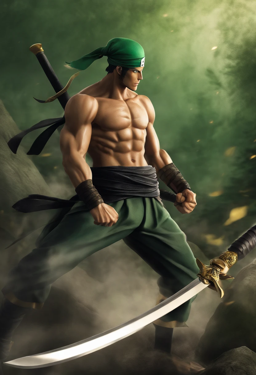 Le formidable Roronoa Zoro de One Piece, with its characteristic scar and bandana, ultra-realistic but closely reflecting its manga appearance, 16K resolution. Douleur moyenne: photographie. style: A fusion of traditional Japanese manga and a touch of cinematic realism. lighting: Intense and concentrated, casting shadows that showcase Zoro's muscular physique and combat readiness. Couleurs: Verts profonds, Noirs, and the metallic brilliance of his swords. composition: Canon EOS 5D Mark IV DSLR camera, EF 50mm f/1.4L USM lens, Resolution 30.4 megapixels, Iso: 150, Shutter Speed 1/85 secondes, capturer un plan complet de Zoro dans une position de combat, Its manga characteristics are obvious, with an aura of intimidation and strength. --ar 16:9 --V 5.1 --style brut --Q 2 --S 750