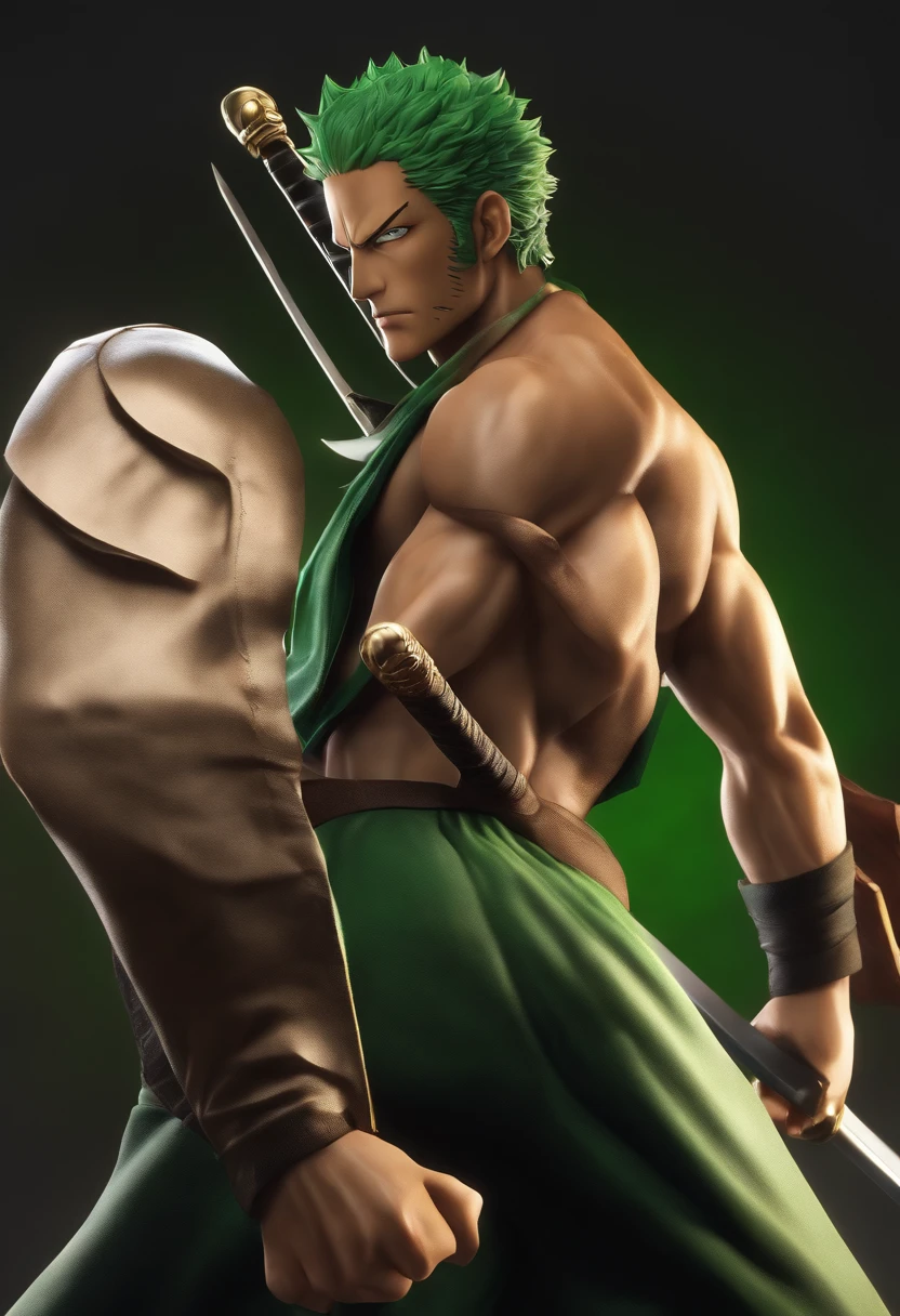 Le formidable Roronoa Zoro de One Piece, with its characteristic scar and bandana, ultra-realistic but closely reflecting its manga appearance, 16K resolution. Douleur moyenne: photographie. style: A fusion of traditional Japanese manga and a touch of cinematic realism. lighting: Intense and concentrated, casting shadows that showcase Zoro's muscular physique and combat readiness. Couleurs: Verts profonds, Noirs, and the metallic brilliance of his swords. composition: Canon EOS 5D Mark IV DSLR camera, EF 50mm f/1.4L USM lens, Resolution 30.4 megapixels, Iso: 150, Shutter Speed 1/85 secondes, capturer un plan complet de Zoro dans une position de combat, Its manga characteristics are obvious, with an aura of intimidation and strength. --ar 16:9 --V 5.1 --style brut --Q 2 --S 750