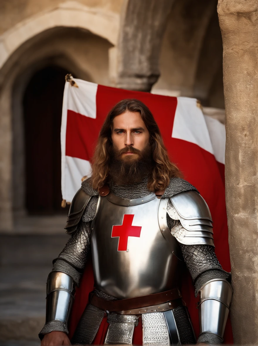 Highest quality, cinematic upper body shot, photo of a (tough christian male Crusader of The Knights Templar), detailed facial features, wavy jesus like hair, (long beard:1.3), serious expression, looking at viewer, (wearing lewd steel plate armor, red  cross patte on his chest:1.4), sweat, real skin features, war ambiance. He's guarding a holy Christian temple in 1300s Jerusalem, toned body, muscled figure, V shaped, athletic, (detailed skin), fine details. Intricate details, natural lighting, sunlight, warm weather, [shadows], photographed on a Nikon D850, 50mm F/5.6 lens, ISO 100, HDR, 8k, highly detailed, sharp focus, Cinestill 800T, film still from Kingdom of Heaven, front view, eye focus, (full body:0.9), natural light, epic scene