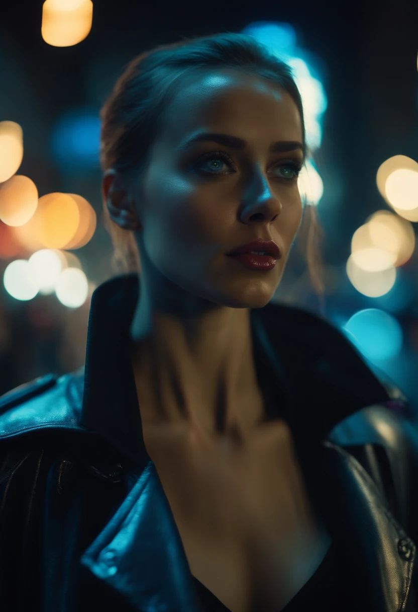 Cyberpunk, night, smokey, sadness, beautiful cyborg woman with silverskin and artificial blue eyes gazing up into the sky. City full of neon lights, Trenchcoat,