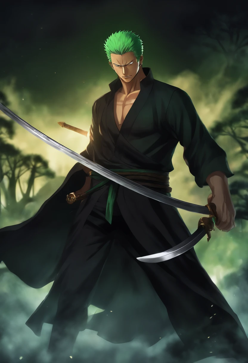 Roronoa zoro, in dark clothes, Composants de vol, with three shining swords, de front, background dark, Realstic,vert