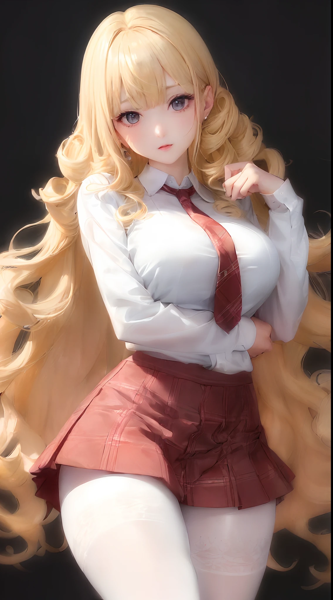(((a blond、Portrait、looking in camera)))、[monochromes:Subdued Color:2.6] theme, (masutepiece), (Best Quality), , Light Layer, Lustrous skin, (intricate-detail , taut clothes, ),  Kim Hair, hime-cut, Blunt bangs、Blue eyes、 30s、(maturefemale)、((White cutter shirt、red necktie、Red plaid mini skirt、Black tights、curlyhair、Beautiful breasts))、symmetry、Thick lip、Lustrous lips、Tall lady、Standing Pose、white backgrounid、simple background、Single-color background、1 female、