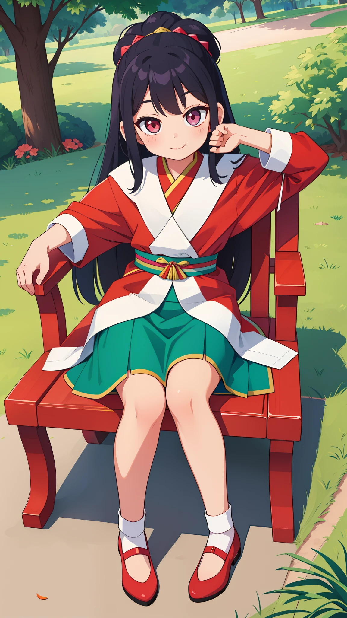 Hmong girls、Put your hand to your mouth and smile、full body Esbian、Sitting on a chaise lounge in the park、Distinctive ethnic hair ornaments、Characteristic ethnic shoes