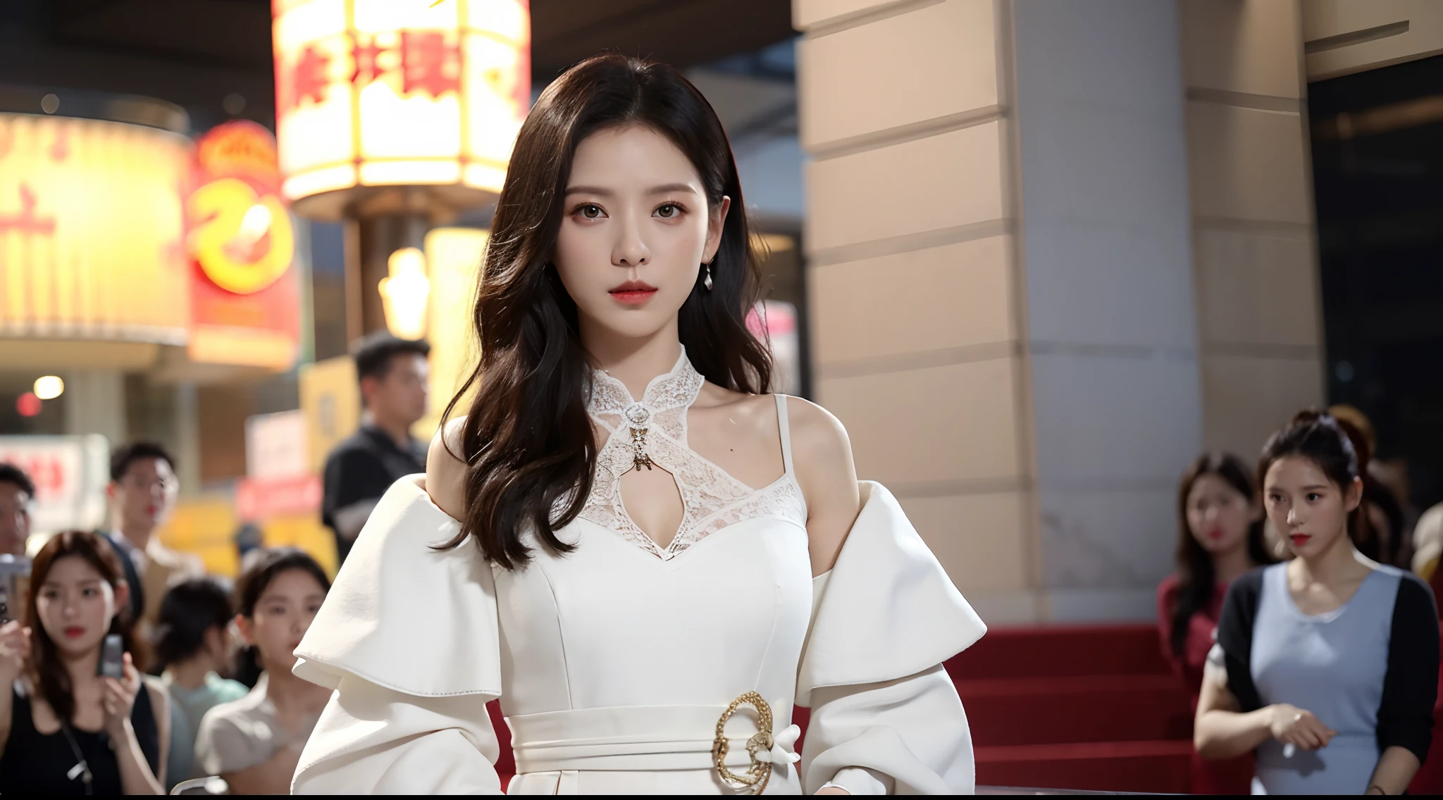 Realiy，8K，超高分辨率，Front light，rays of sunshine，photographed，playground，roller coasters，baiyun，cotton candy， Female celebrities，long whitr hair，cropped shoulders，shift dresses，formal outfit， Hair_decorations, (Solo,solo person), Lace long gloves，jewelry，sash, Looking_at_peeping at the viewer, Bigchest，(中景 the scene is，A half body:1.2)，Face lighting